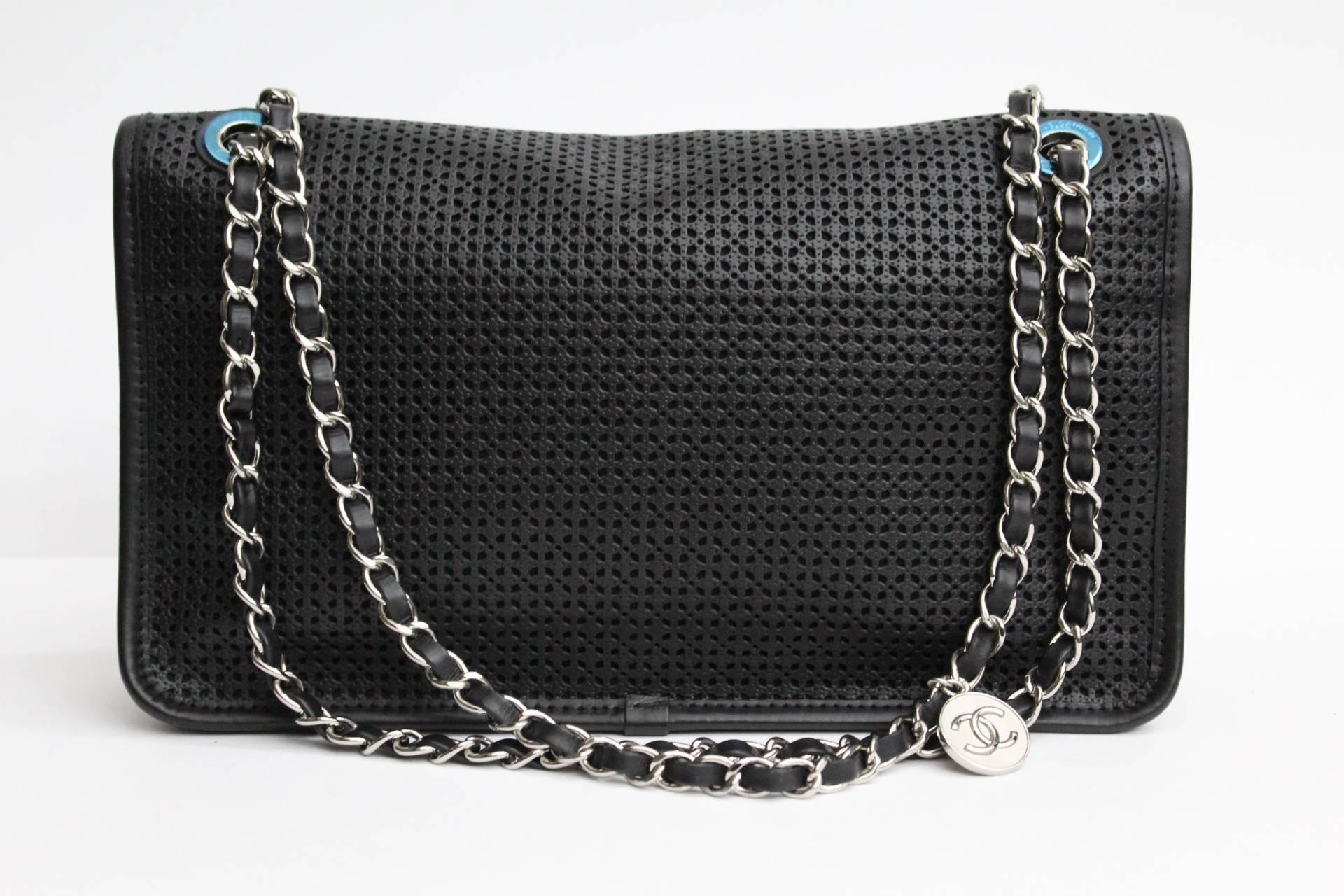 Black CHANEL Blu Navy Perforated Leather Up in the Air Flap Bag Cruise 2015