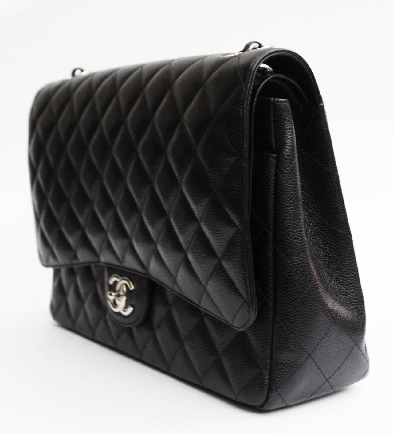 Black Chanel Classic Maxi Jumbo Double Flap  Bag Hammered Leather