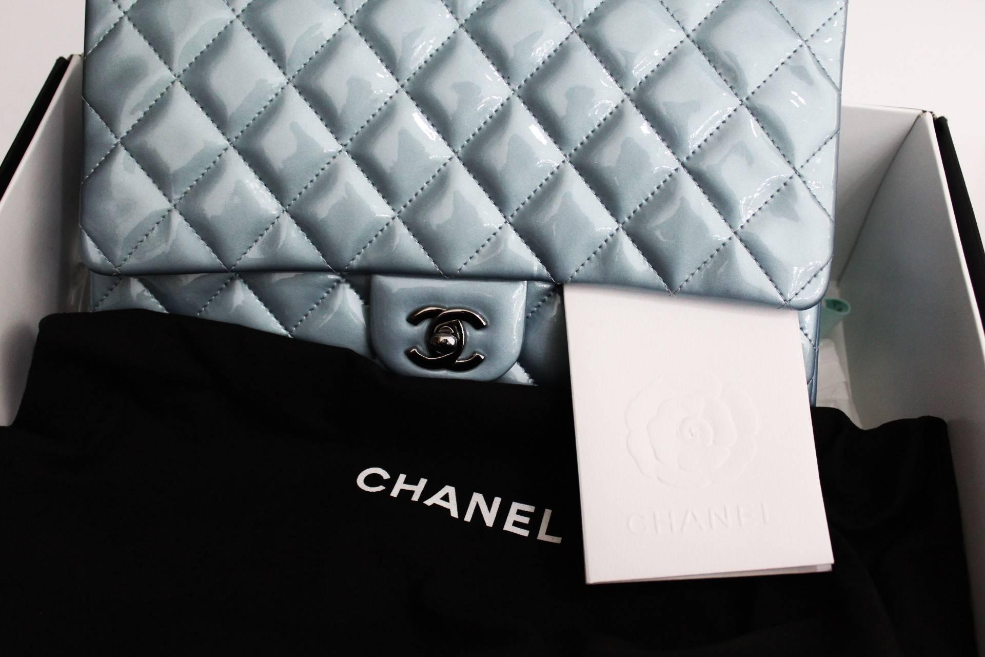 Chanel Light Blue Quilted Patent Leather Timeless Clutch Bag 1