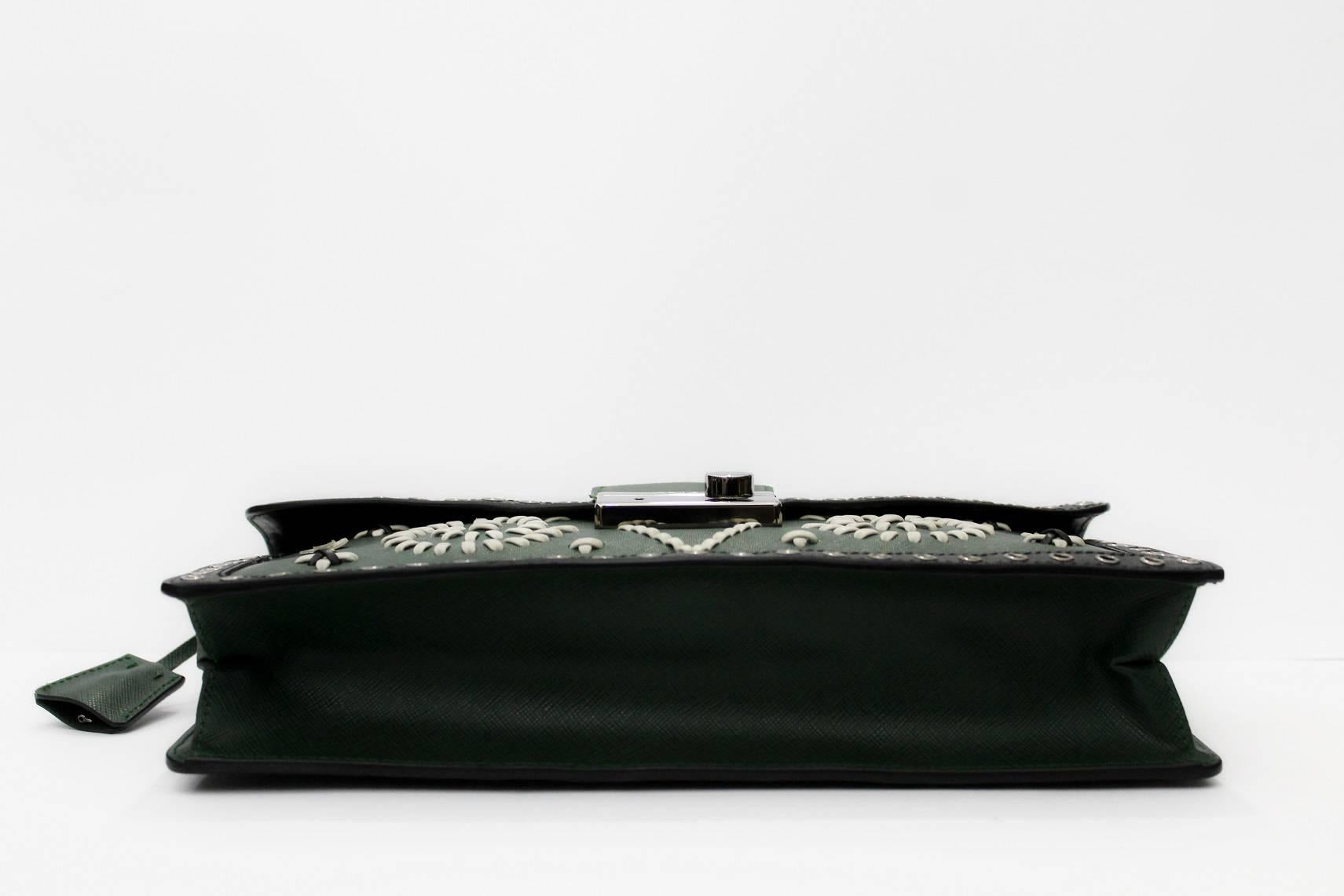 Black Prada Embroidered Green Saffiano Leather Clutch Bag