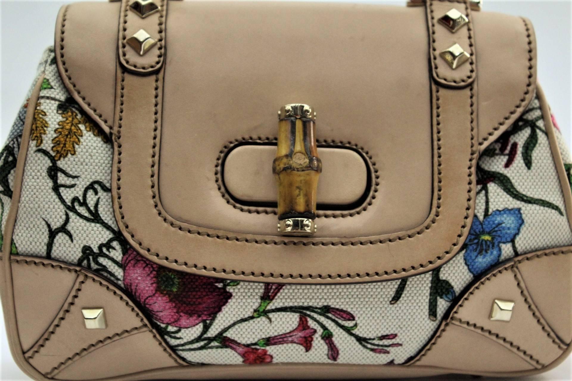 Beige Gucci  Floral Flora Canvas Bamboo Top Handle Bag