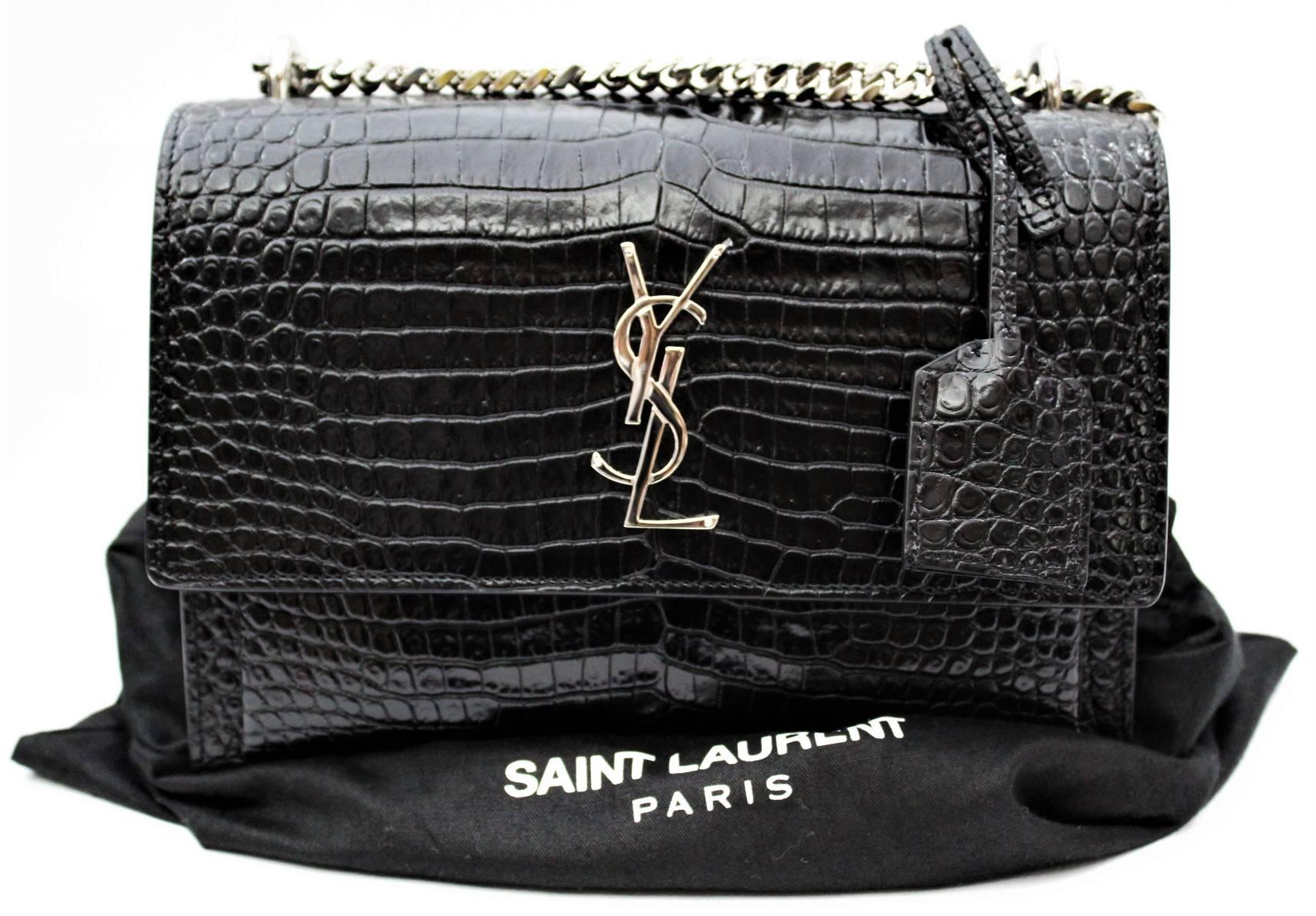 Yves Saint Laurent Sunset Bag Black Leather Crocodile Print 4