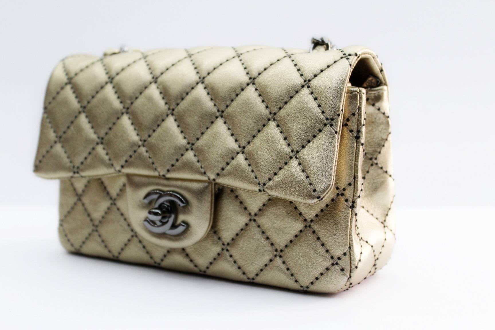 Beige Chanel Gold / Black Quilted Lambskin Leather Mini Flap Bag
