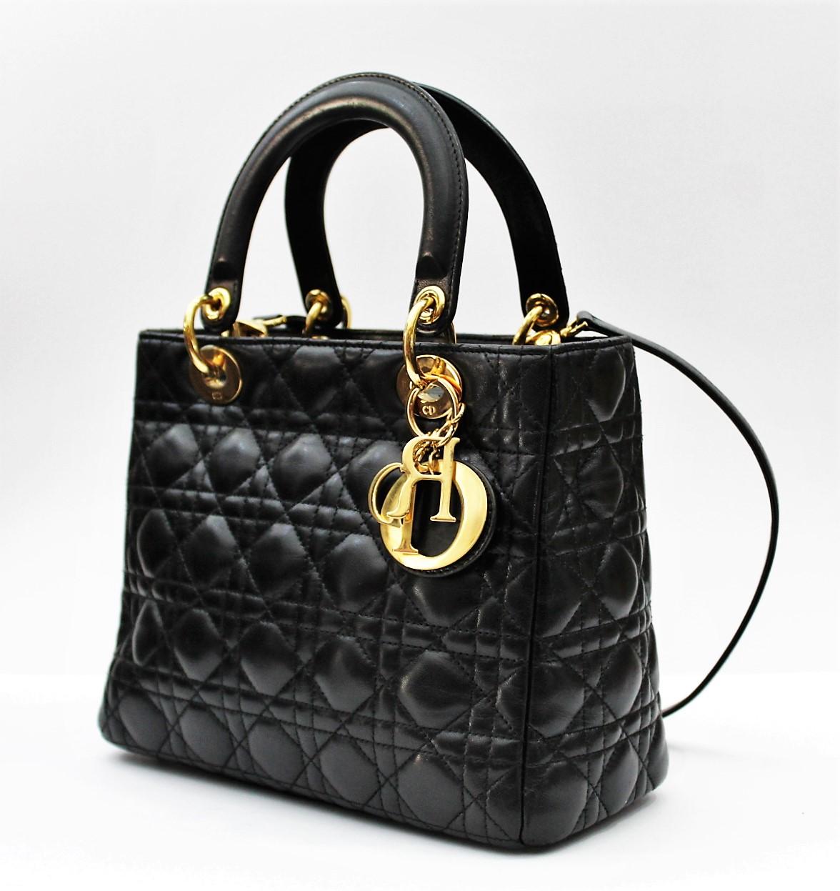 Dior Lady Dior Black Lambskin Leather Bag In Excellent Condition In Torre Del Greco, IT