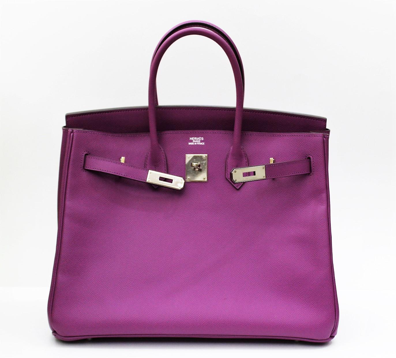 The beautiful combination of Cyclamen colors (purple) and palladium (silver-color) make this Birkin 35 of Hermès breathtaking. Made of grainy Epsom with a slight luster, it is absolutely a timeless beauty. Equipped with original Hermès dust bag,