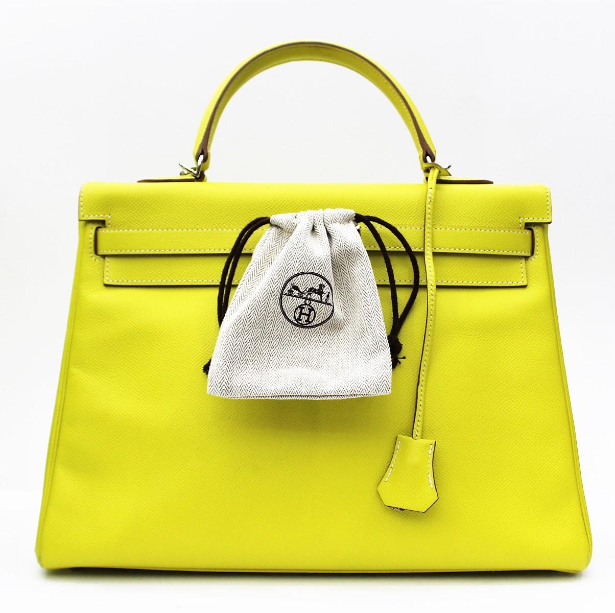 Yellow Hermès Kelly 35 Epsom Candy Series Lime color Top Handle Bag