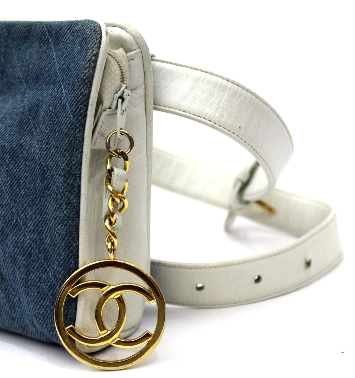 Purple 1990s Chanel Denim and White Leather Belt Bag