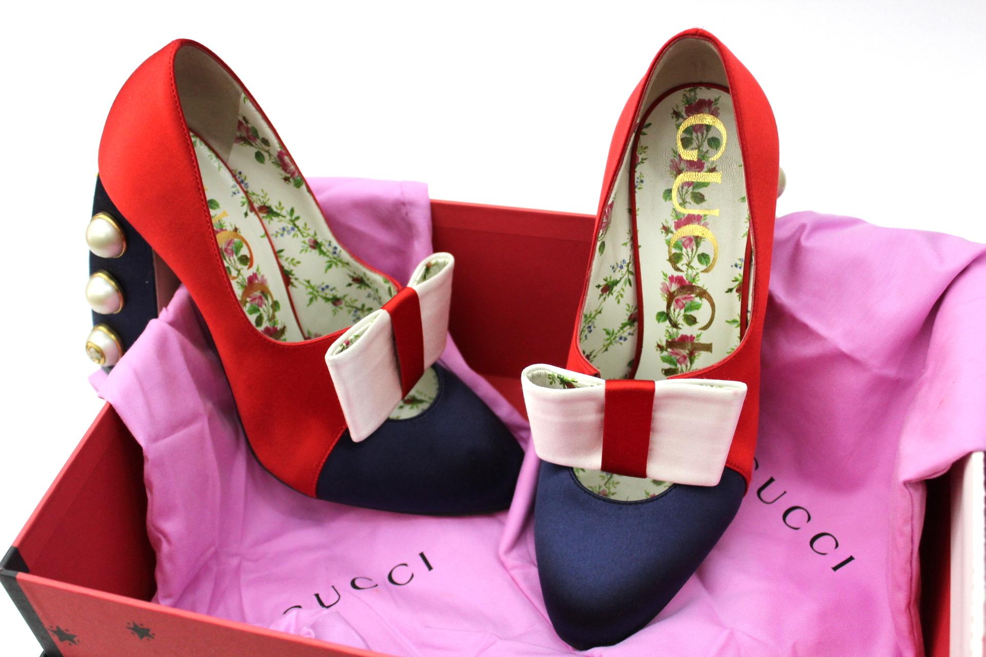 Gucci Luna Studded Block Heels Color Block Satin Pumps 2