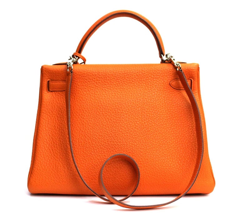 Hermes Orange Leather Kelly Taurillon Clemence 32cm Bag In Excellent Condition For Sale In Torre Del Greco, IT