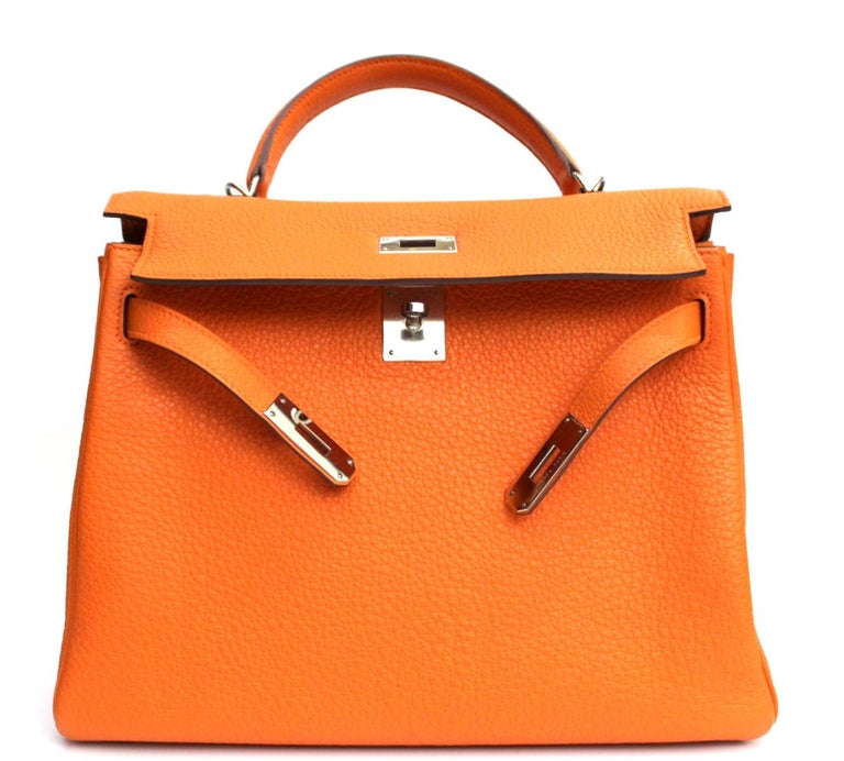 Hermes Orange Leather Kelly Taurillon Clemence 32cm Bag For Sale 1