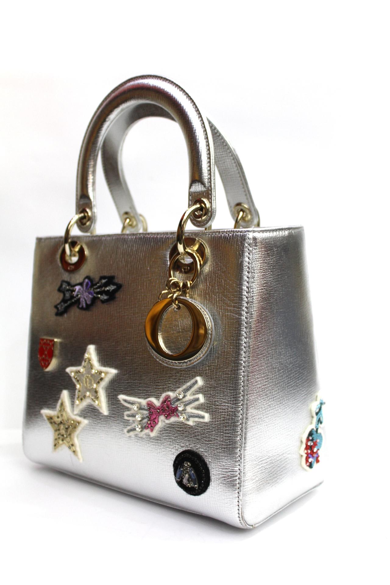 Gray Christian Dior Lady Dior Handbag Patch Embellished Leather Medium