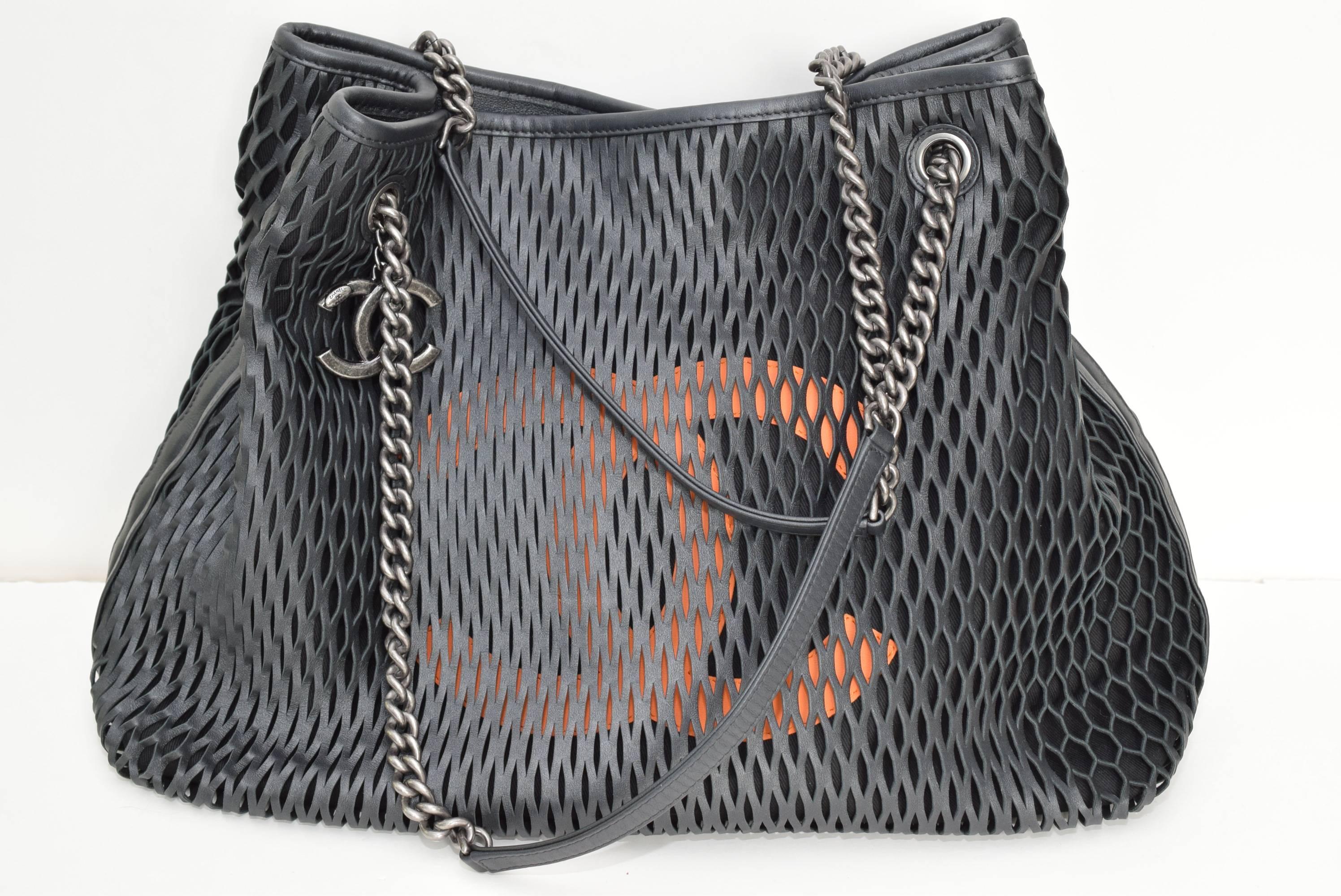 New Chanel Black Shopping Bag w/Orange CC logo In New Condition In New York, NY