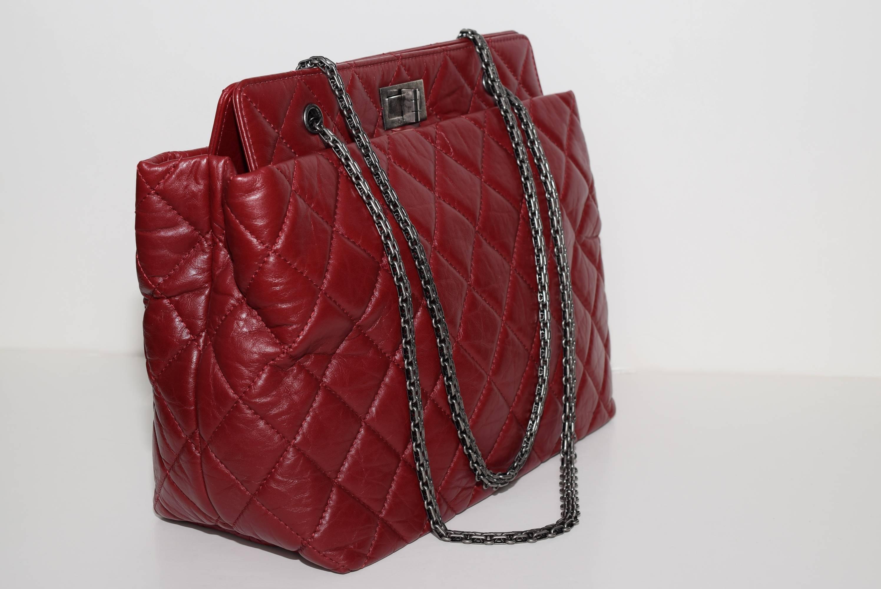 Brown Chanel Grand Shopping Medium Tote Red w/ aged Leather bag.