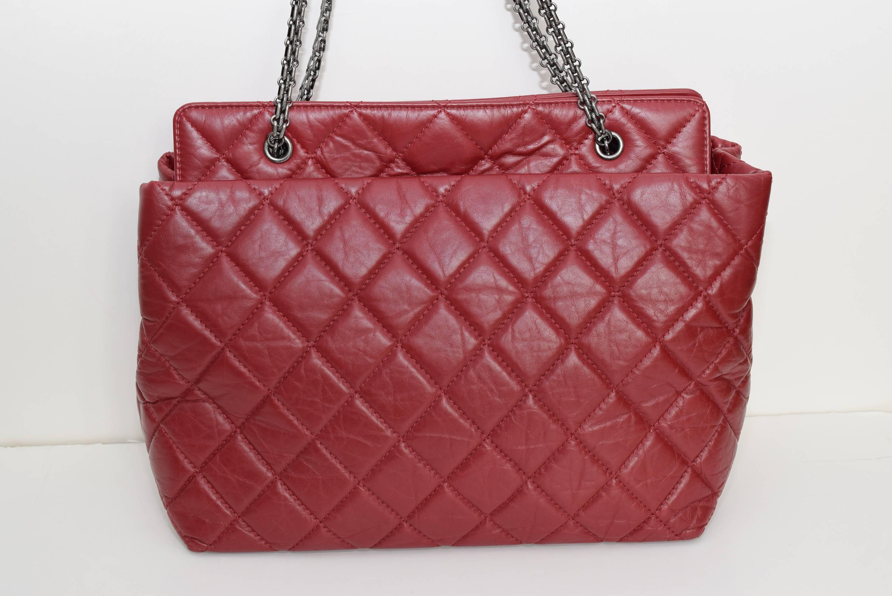 Women's Chanel Grand Shopping Medium Tote Red w/ aged Leather bag.