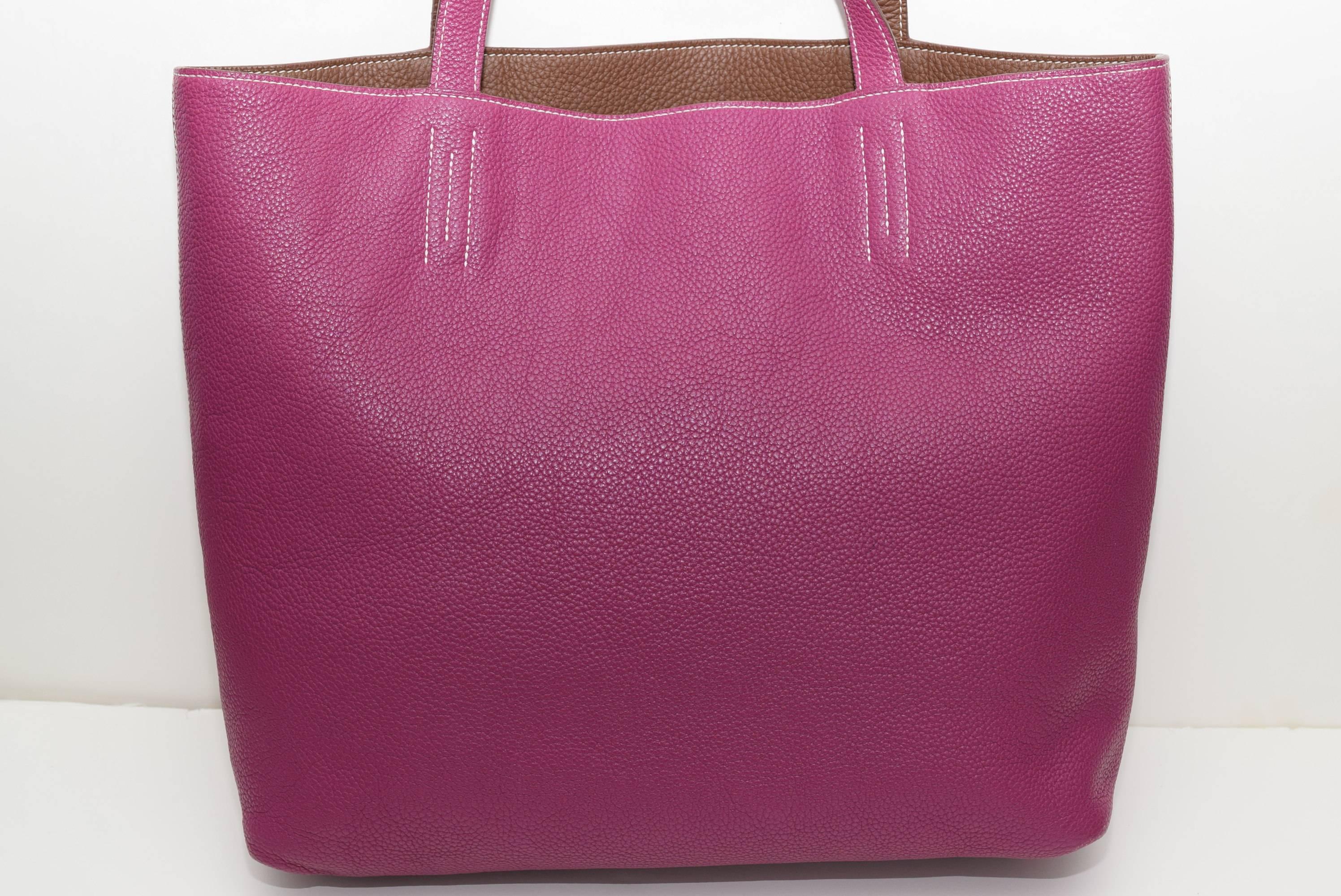 Hermes 2013 Tosca Pink & Brown Reversible Leather Double Sens Tote Bag For Sale 1