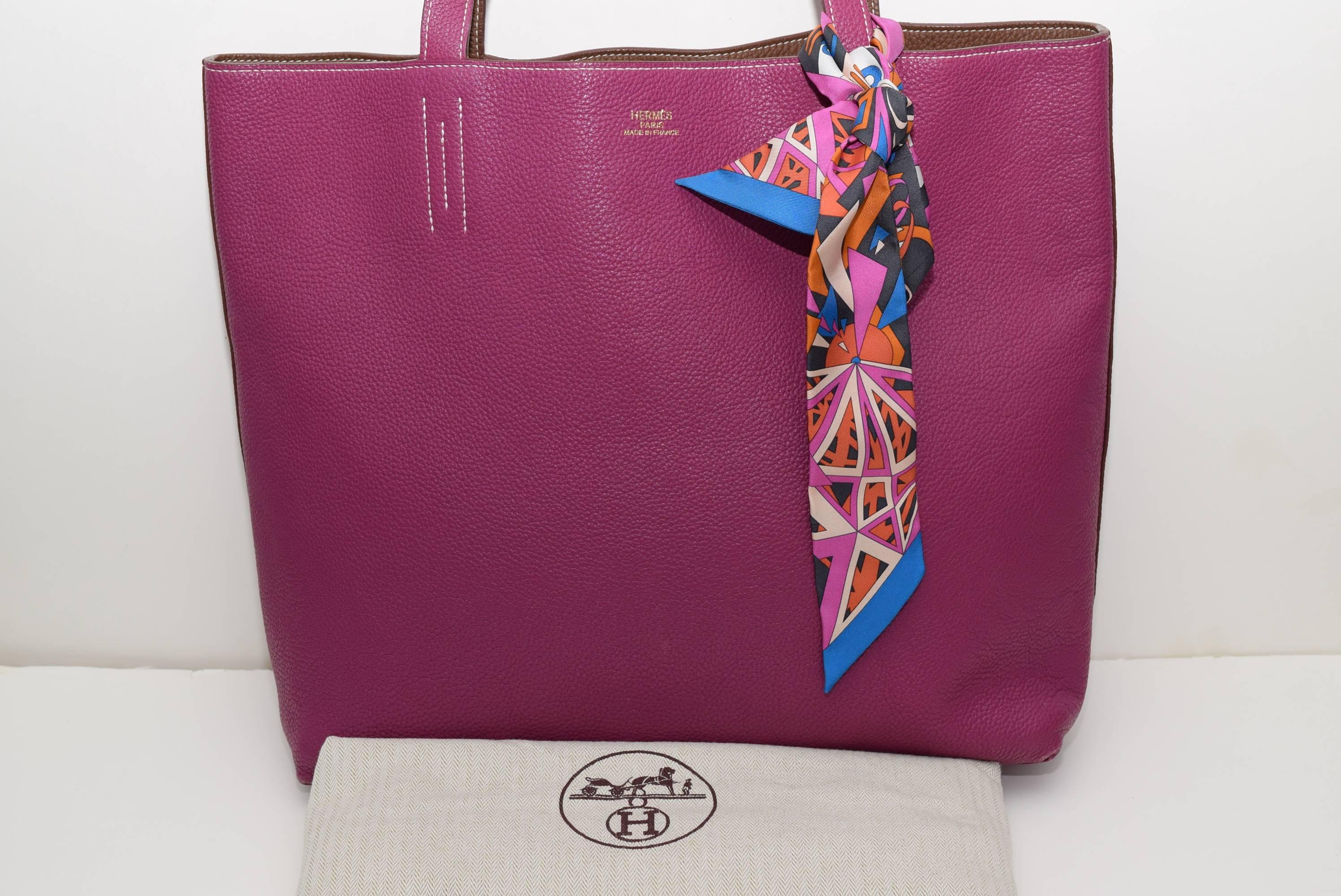 Hermes 2013 Tosca Pink & Brown Reversible Leather Double Sens Tote Bag For Sale 2
