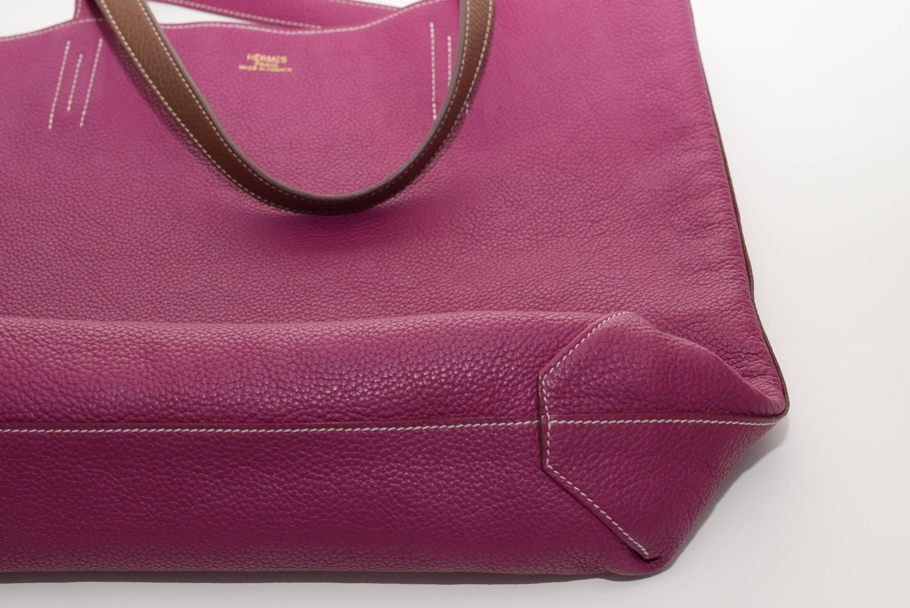 Hermes 2013 Tosca Pink & Brown Reversible Leather Double Sens Tote Bag For Sale 3