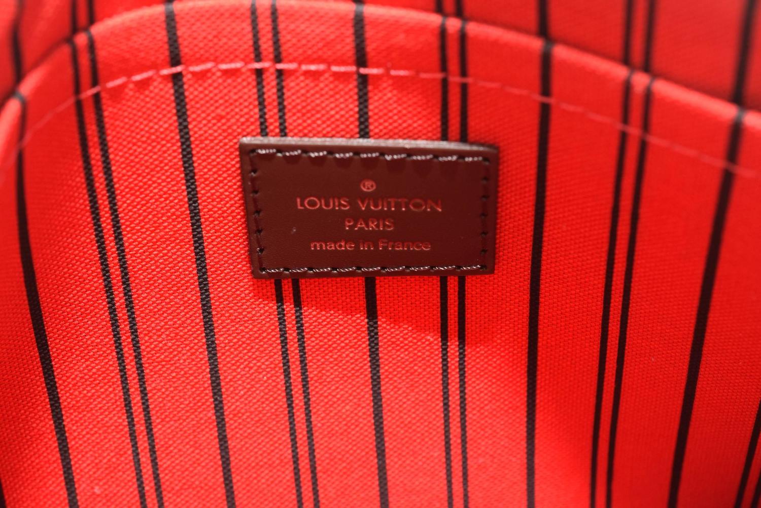Brand new Louis Vuitton Neverfull Mm/ GM Pochette in Damier Ebene with cherry li at 1stdibs