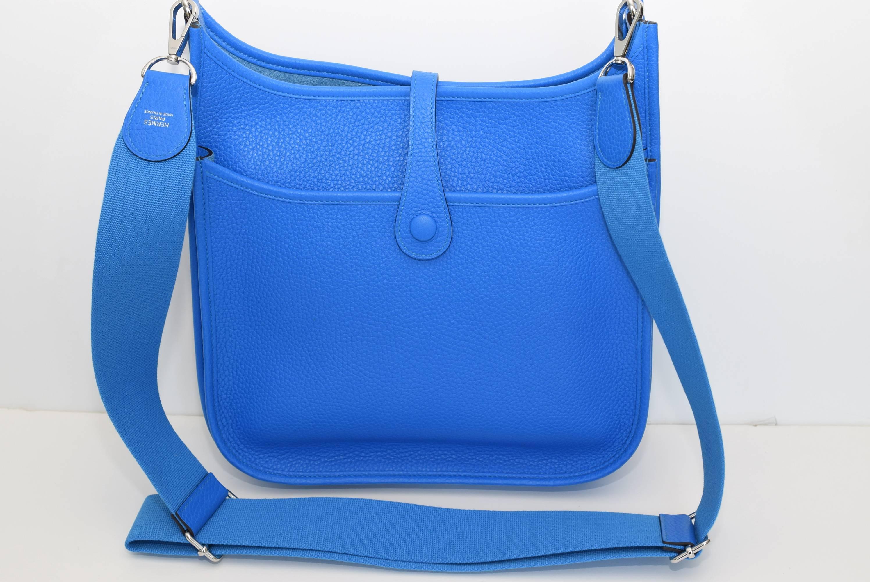 Brand New with TAGS!! 2016 Hermes Evelyn III in Hydra Blue. Beautiful Clemence leather and this is the PM size. Purchased in Europe in June 2016.  Never worn. 
Comes with Hermes Box, dust bags and original receipts. 
Made in France 
Free shipping