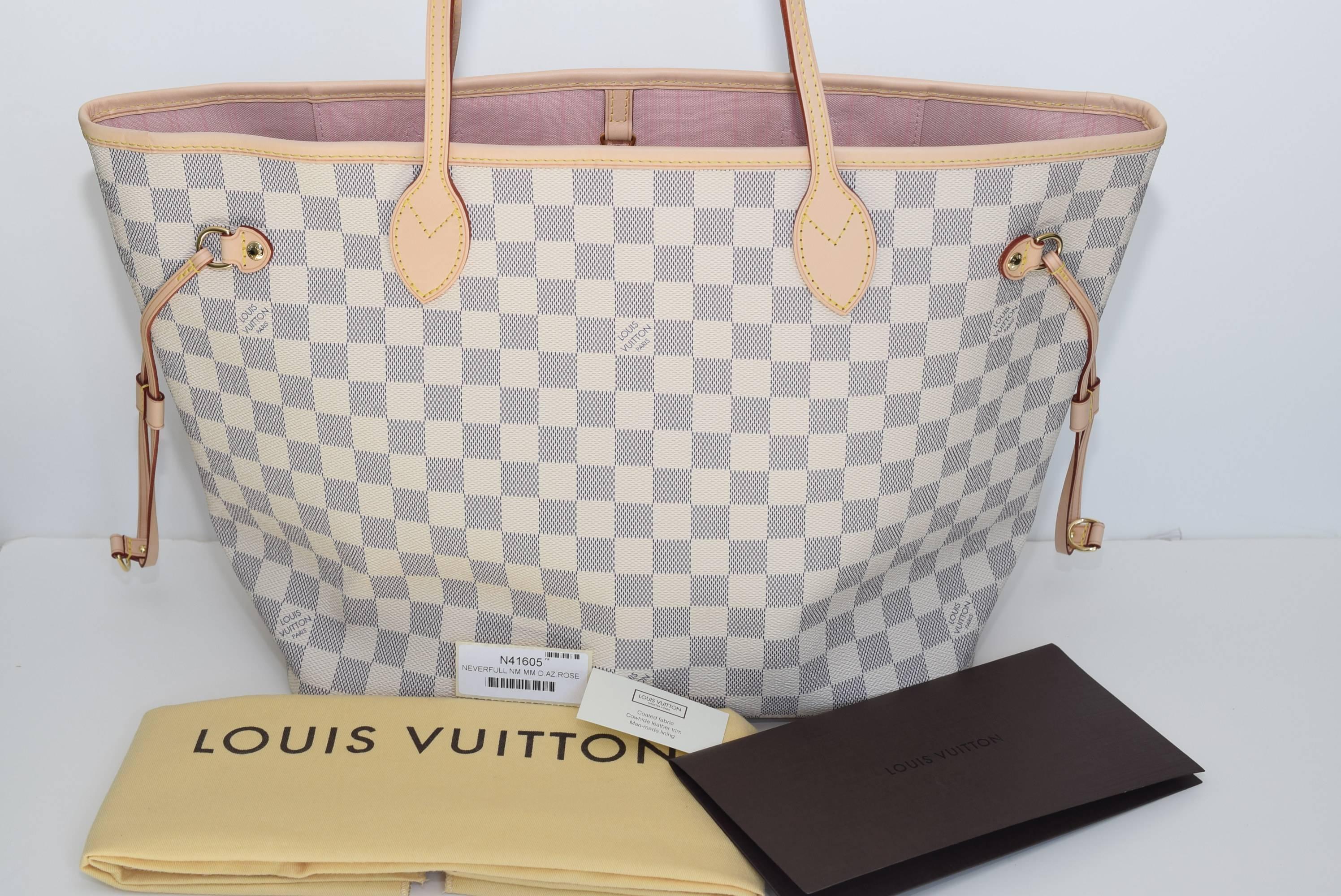 Brand new!!! 2016 New with Tags!! Louis Vuitton Neverfull Mm in Monogram Azur with Pink Ballerine lining - date code SR1176 - Made in France. Comes with Louis Vuitton Dust-bag, tags, and receipt. No Pochette. Free priority shipping both ways.