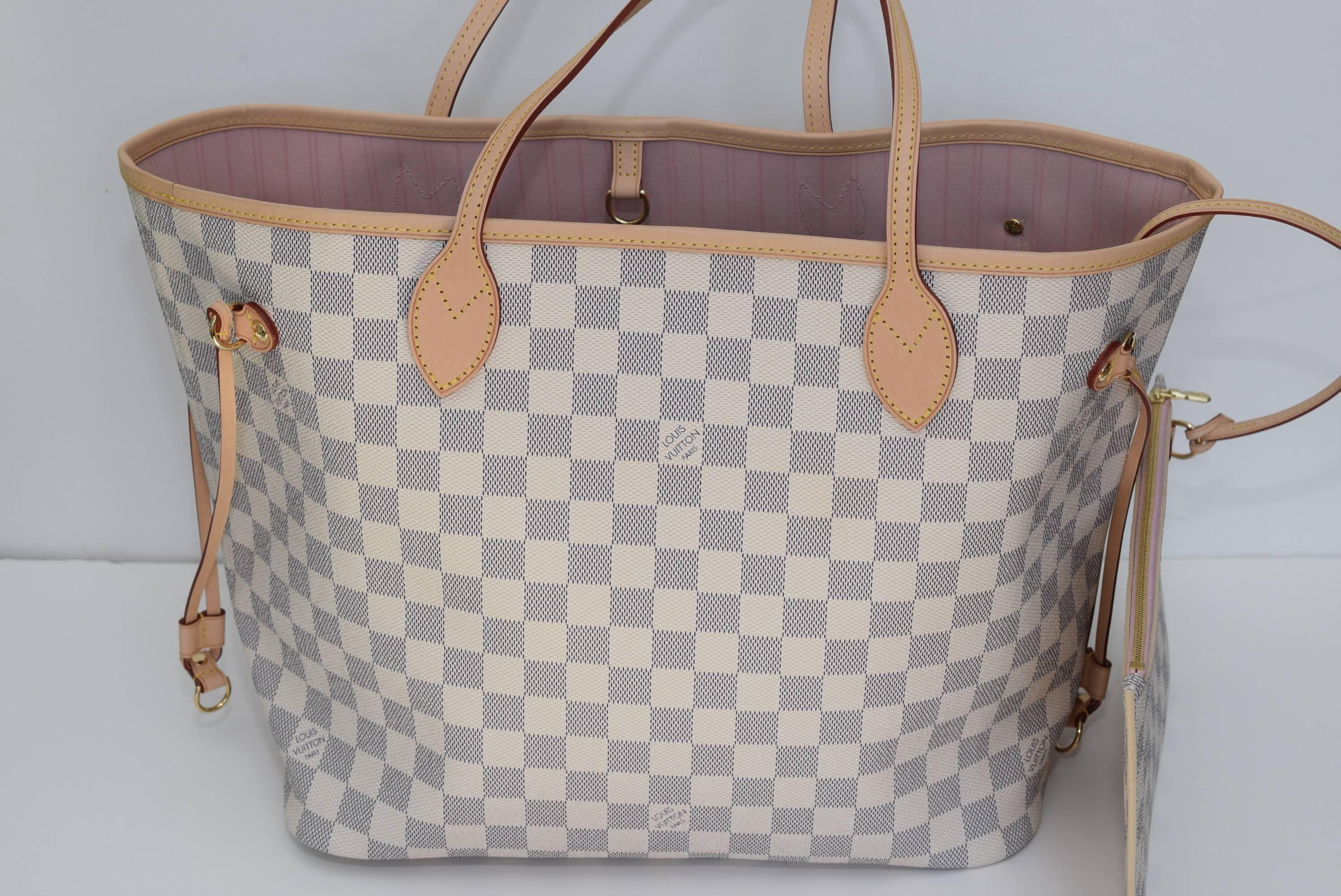 Brand New 2016! Louis Vuitton Neverfull mm in Damier Azur with Pink Ballerine lining. Pochette Box, receipts, dust bag all included - Date code SR1106 - Made in France 