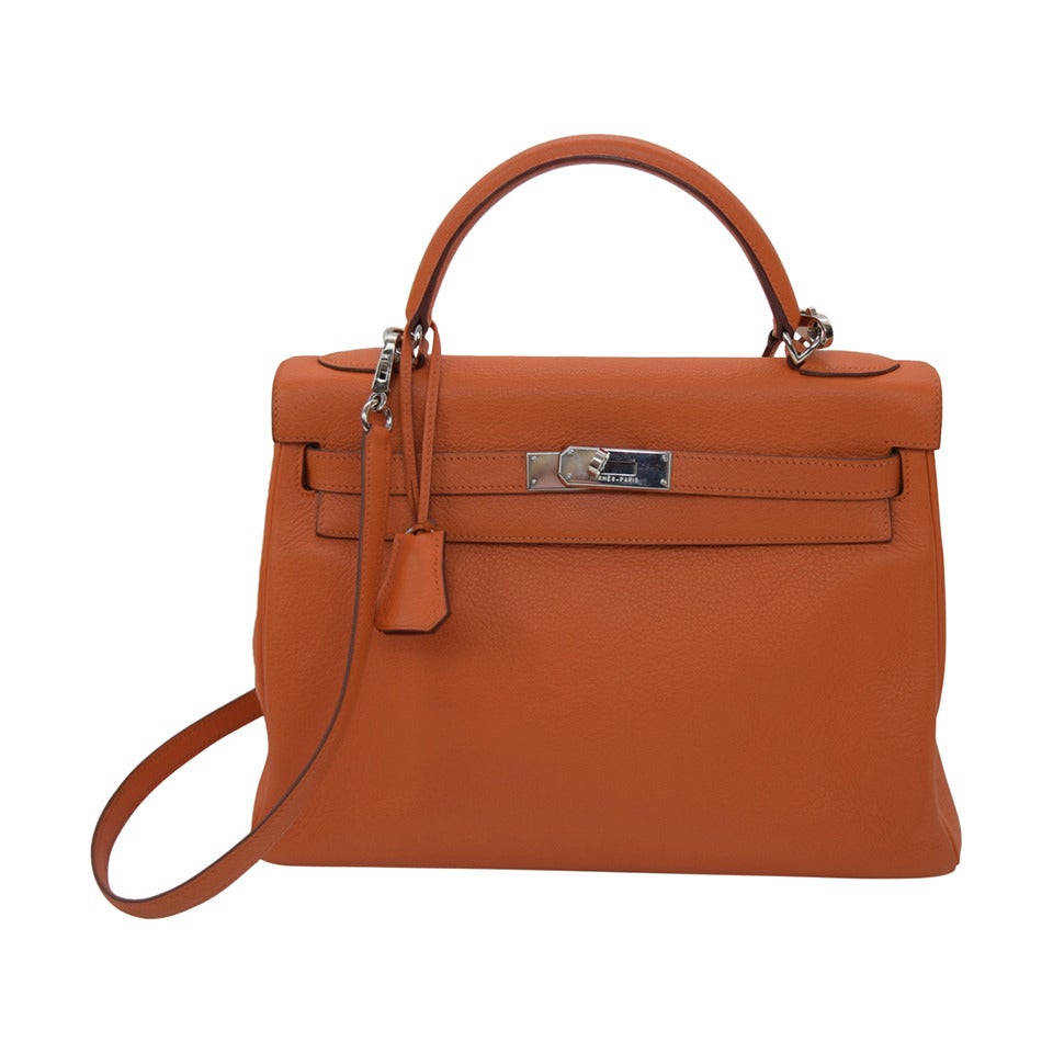 Hermes Kelly 32 cm Orange Clemence Bag with Palladium Hardware.Circa 2003