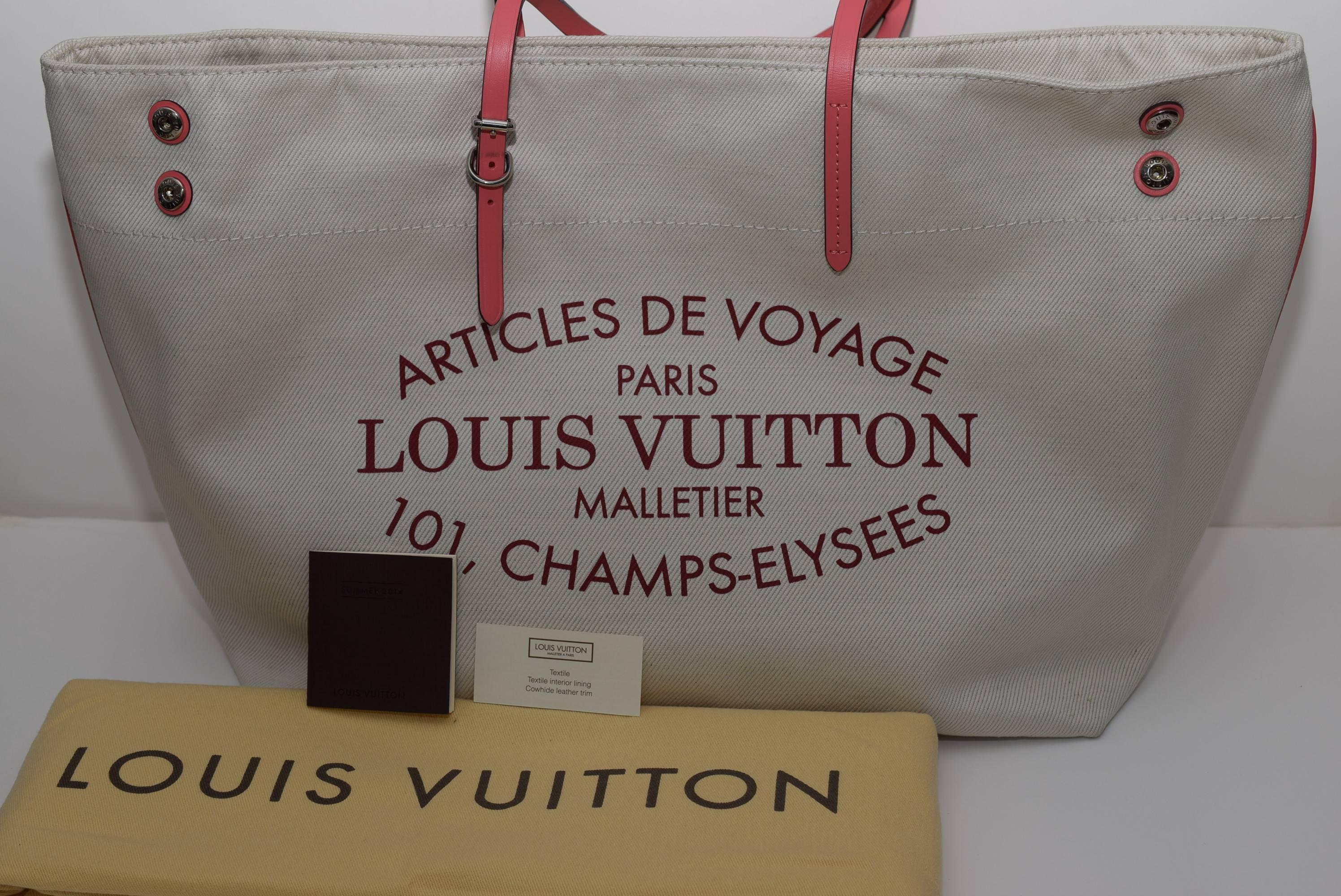 Women's or Men's LOUIS VUITTON Coral Cotton Canvas Articles De Voyage Cabas Mm White /Pink Tote B For Sale