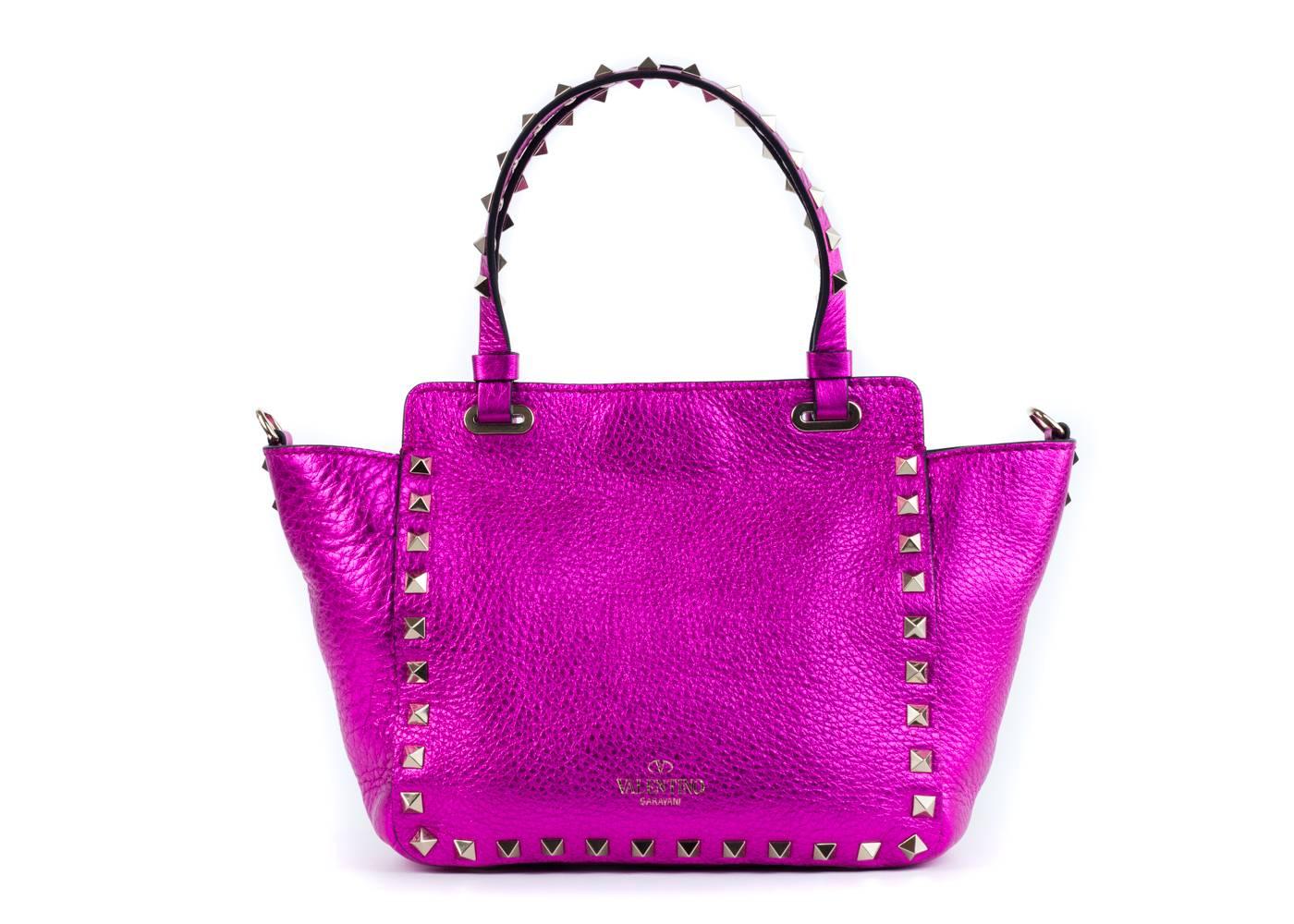 Women's Valentino Metallic Mini Rockstud Trapeze Pink Tote Bag For Sale