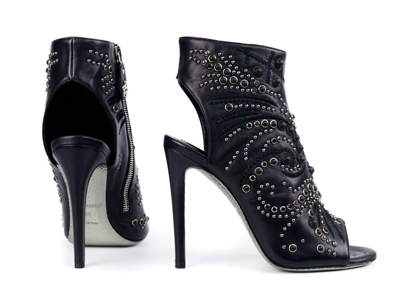 Roberto Cavalli Women's Black Leather Peep Toe Ankle Boot  For Sale 1