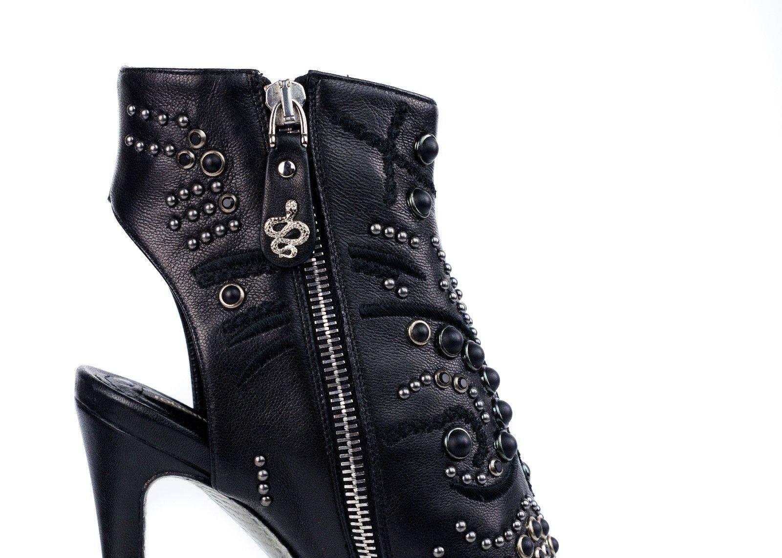Roberto Cavalli Women's Black Leather Peep Toe Ankle Boot  For Sale 2