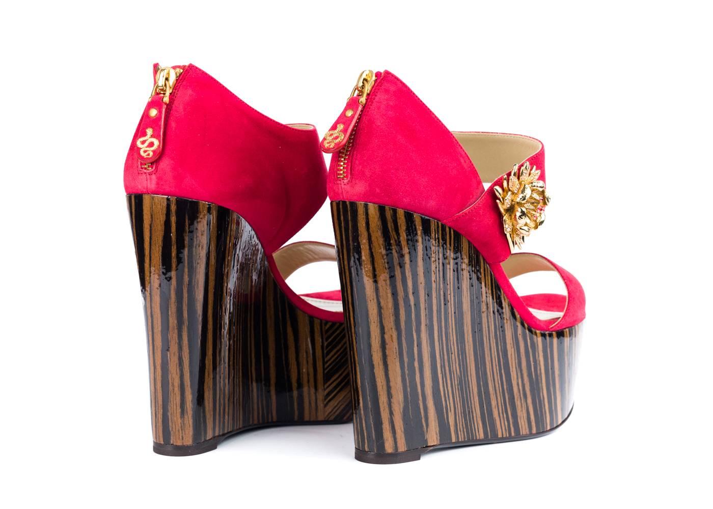 Roberto Cavalli Women's Red Suede Sandal Wedges  In New Condition For Sale In Brooklyn, NY