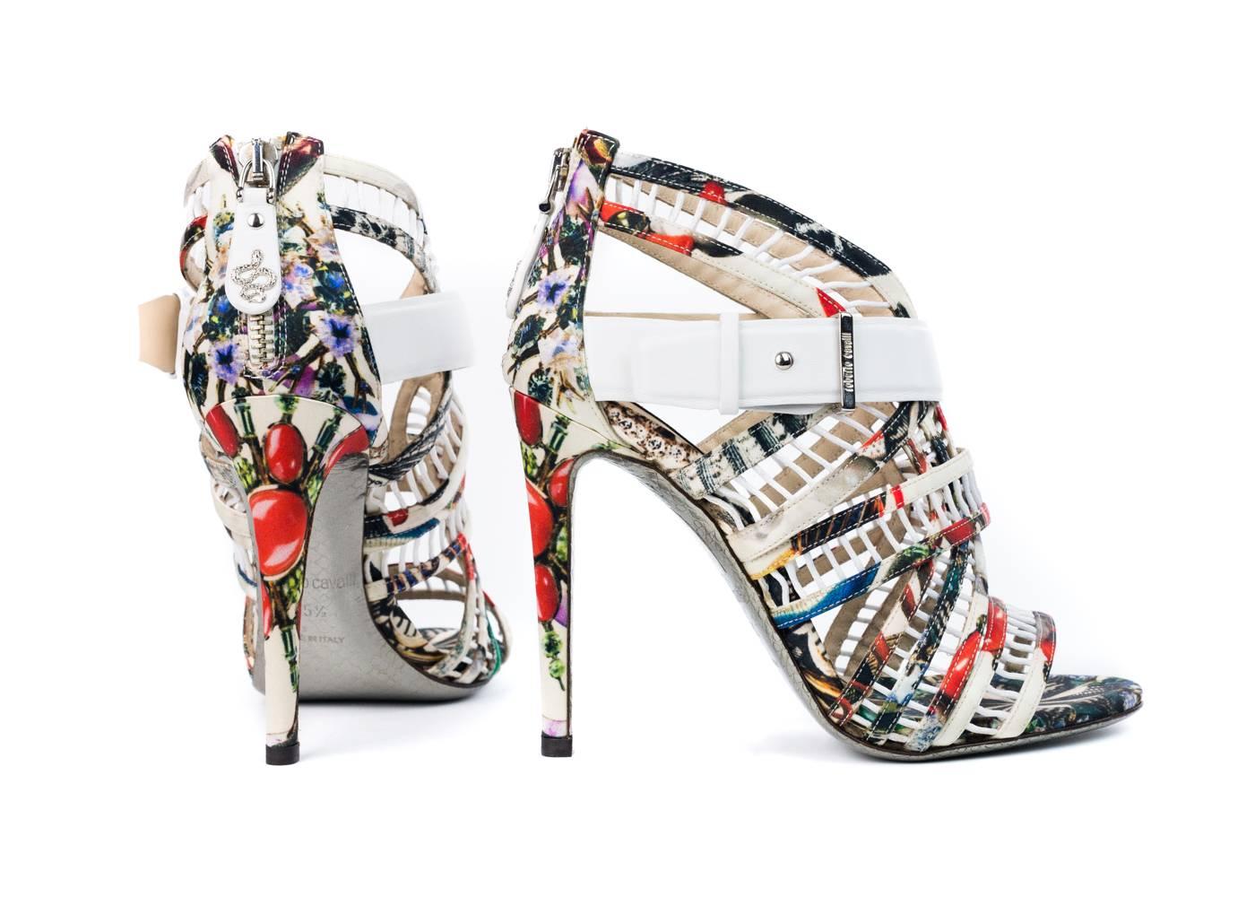 Beige Roberto Cavalli Womens Abstract Print Cage Silk Pumps For Sale