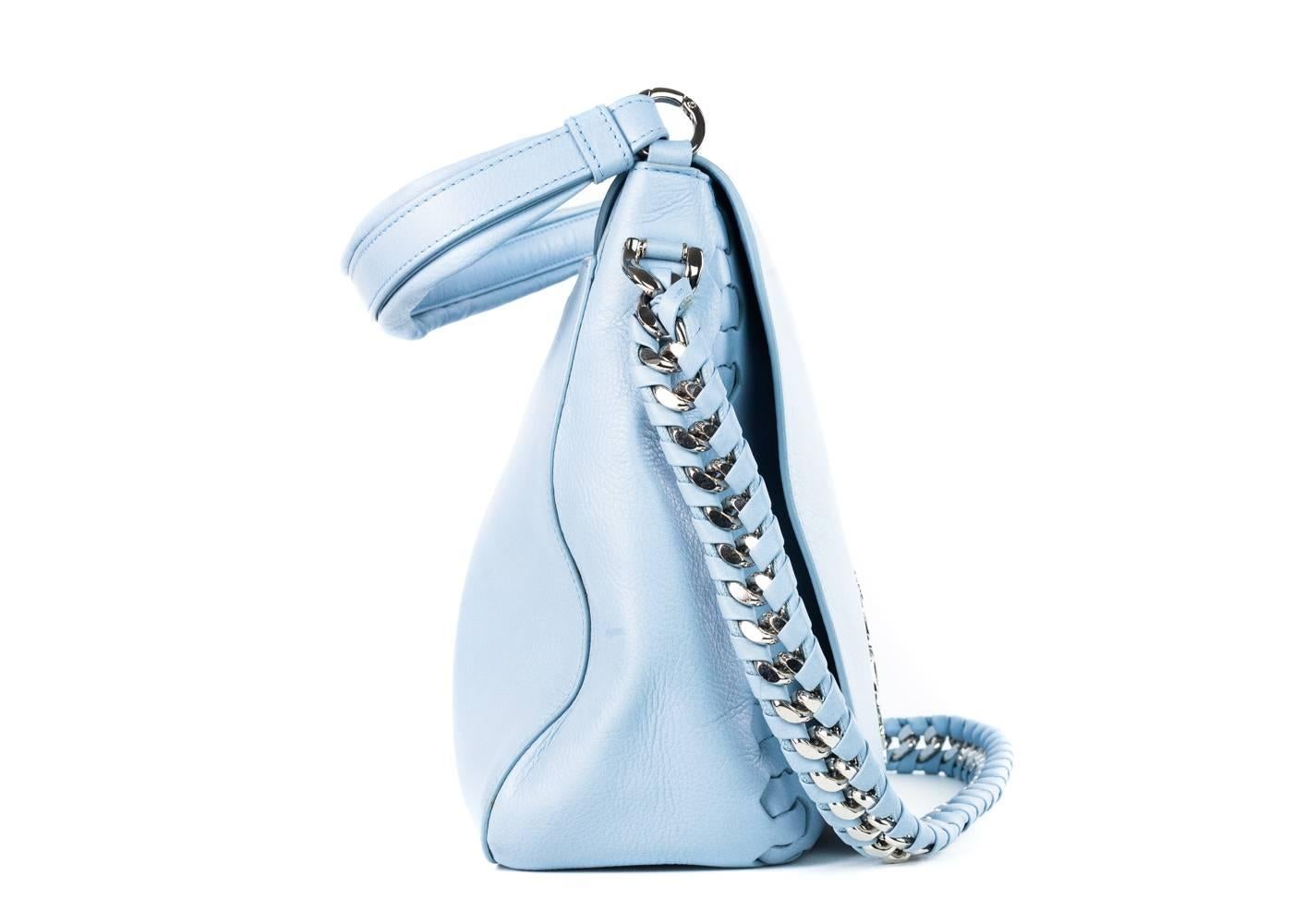  Roberto Cavalli Women Baby Blue Leather Messenger Flap Shoulder Bag Rtl $3500 In New Condition For Sale In Brooklyn, NY