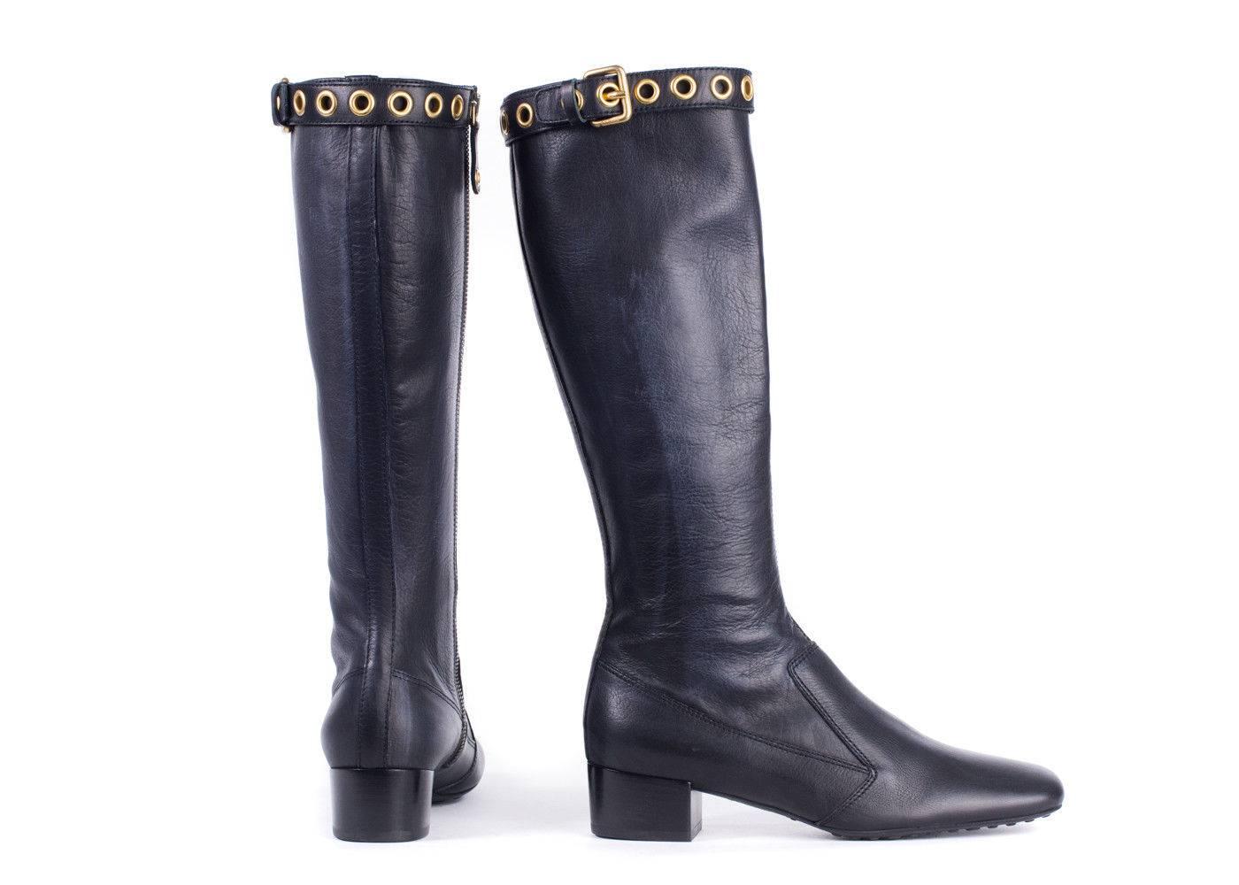 Women's or Men's Car Shoe Women's Black Leather Gold Buckle Tall Boots