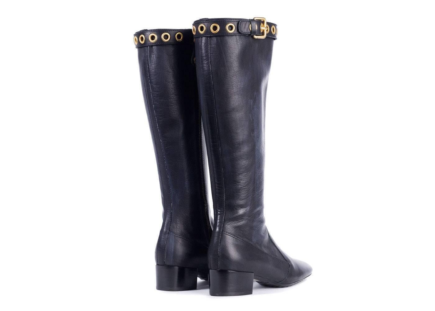 Car Shoe Women's Black Leather Gold Buckle Tall Boots In New Condition For Sale In Brooklyn, NY
