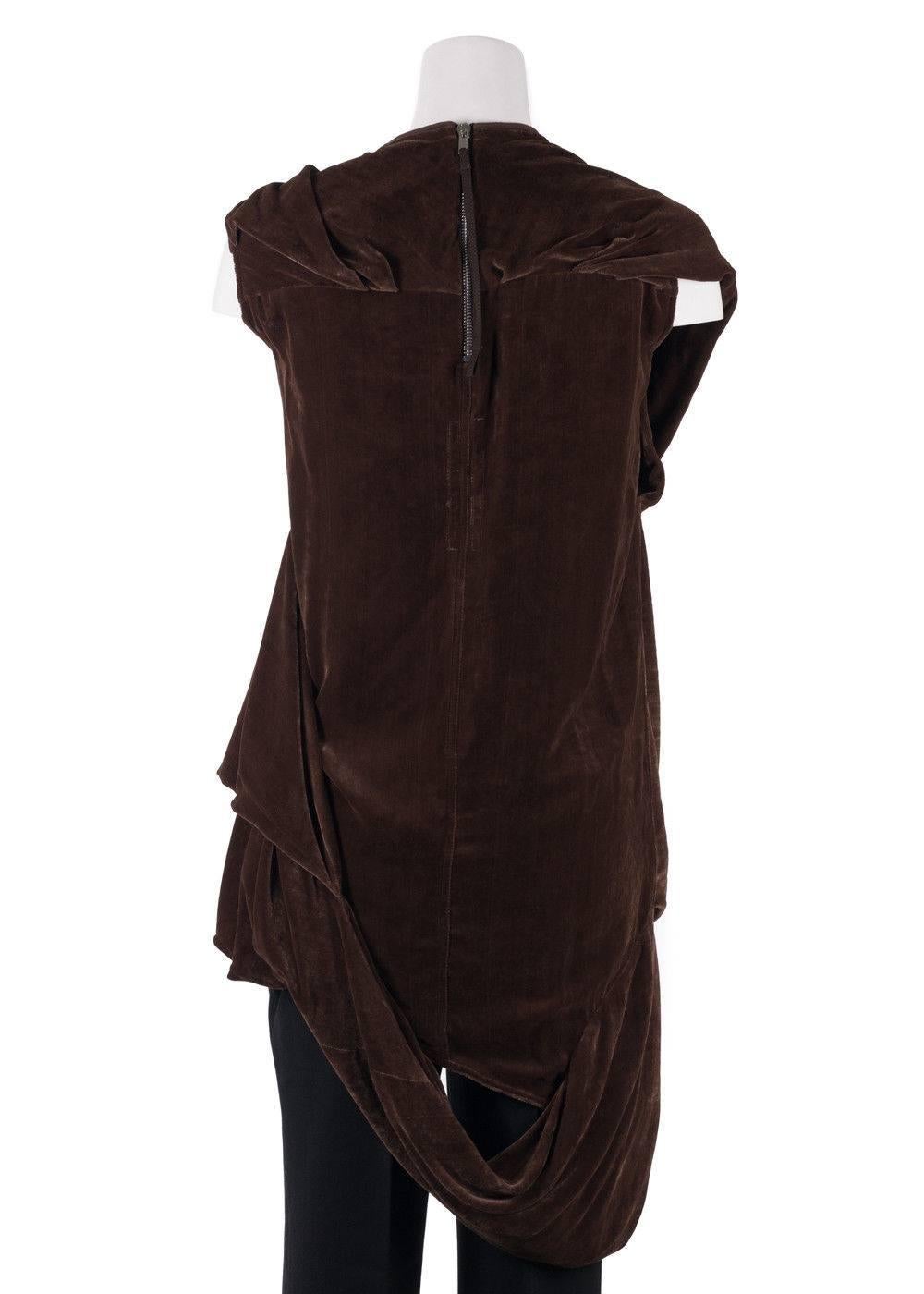 Rick Owens Womens Brown Draped Velvet Waist Band Sleeveless Tunic  In New Condition In Brooklyn, NY