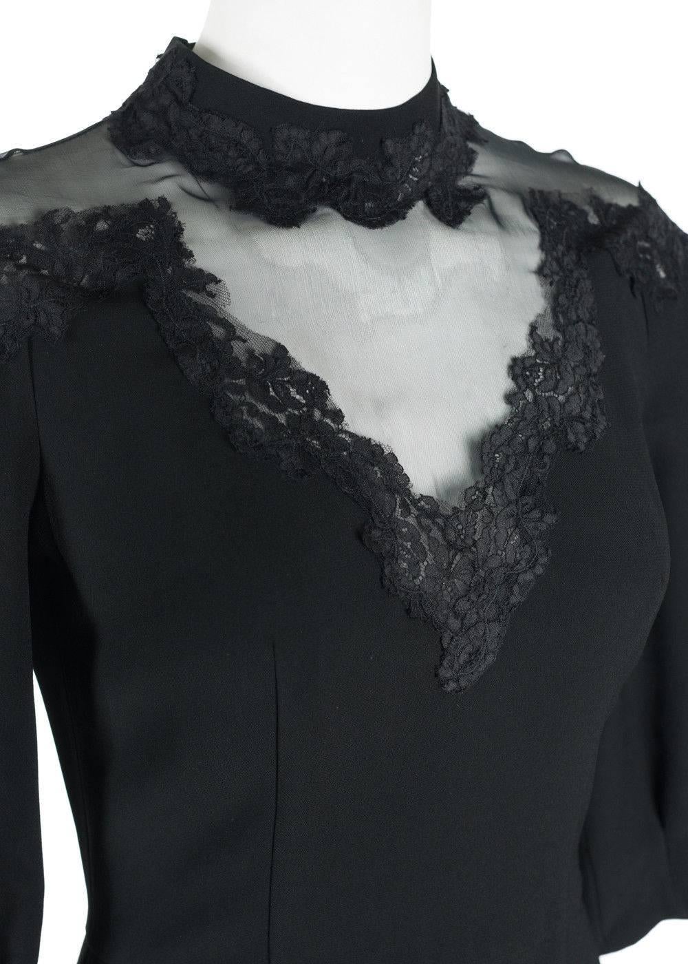 Prada Womens Black Silk Lace Insert Pleated Long Sleeve Dress In New Condition In Brooklyn, NY