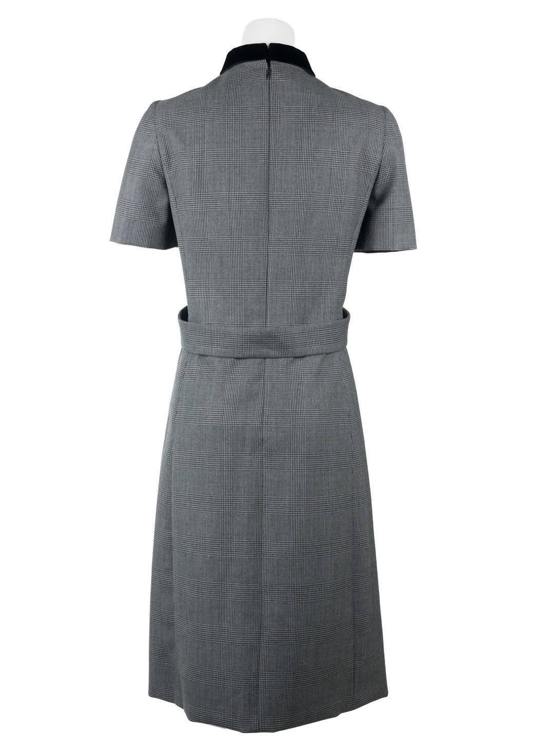 Prada Womens Grey Plaid Velvet Collar Belted Short Sleeve Dress In New Condition In Brooklyn, NY