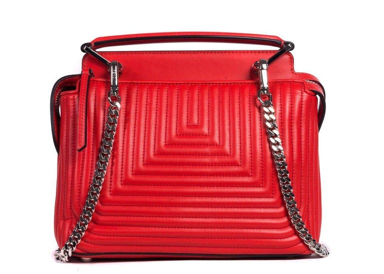 Fendi Red Quilted Leather Silver Chain Strap Small Shoulder Bag