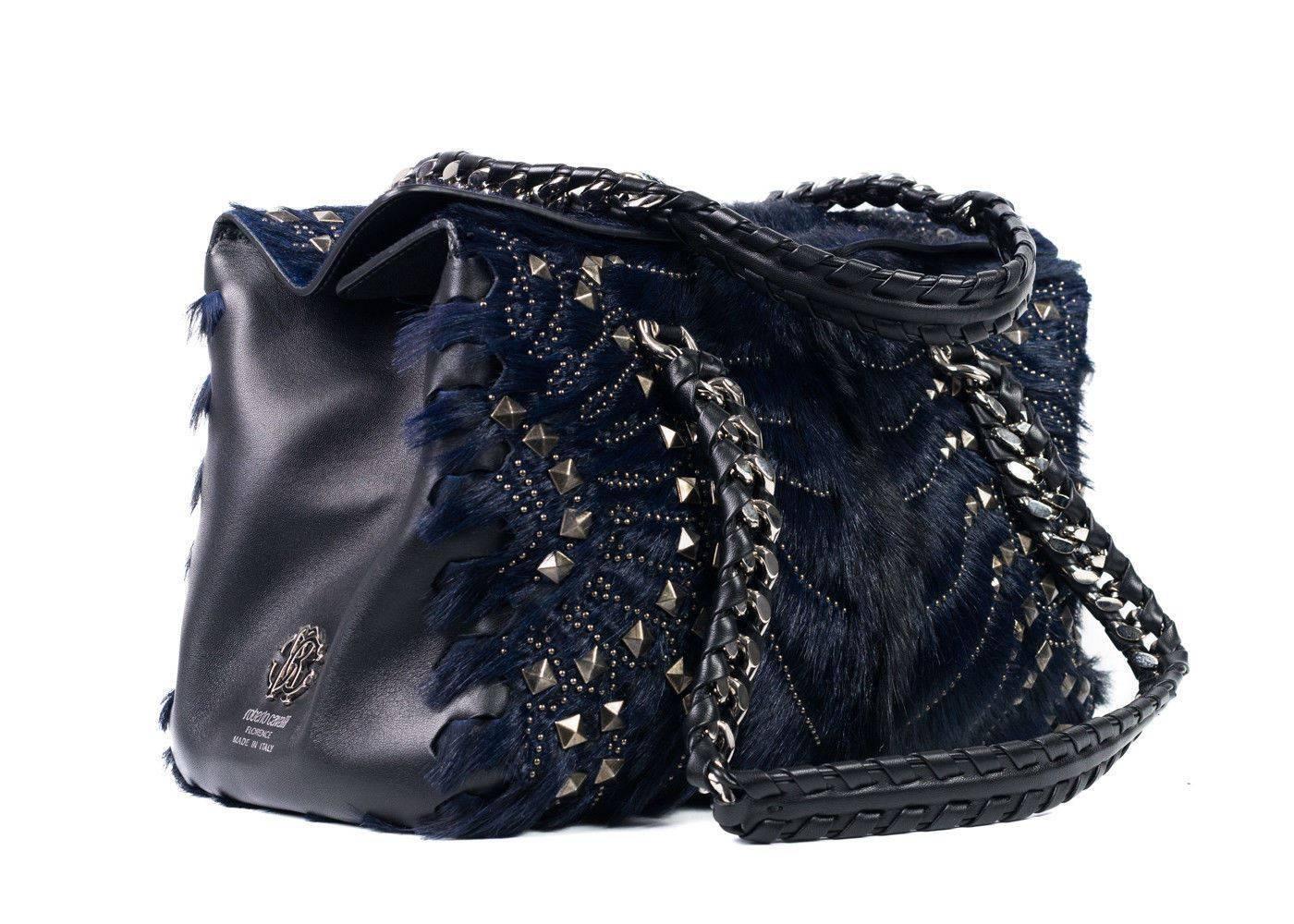 Women's Roberto Cavalli Regina Medium Blue Black Radiant Studded Satchel Bag For Sale