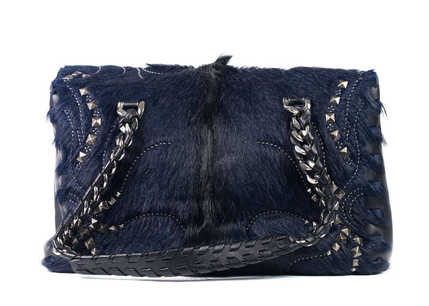 Roberto Cavalli Regina Medium Blue Black Radiant Studded Satchel Bag In New Condition For Sale In Brooklyn, NY