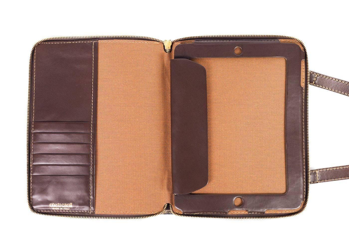 Gray Roberto Cavalli Brown Leopard Print Leather Ipad Case Shoulder Strap For Sale