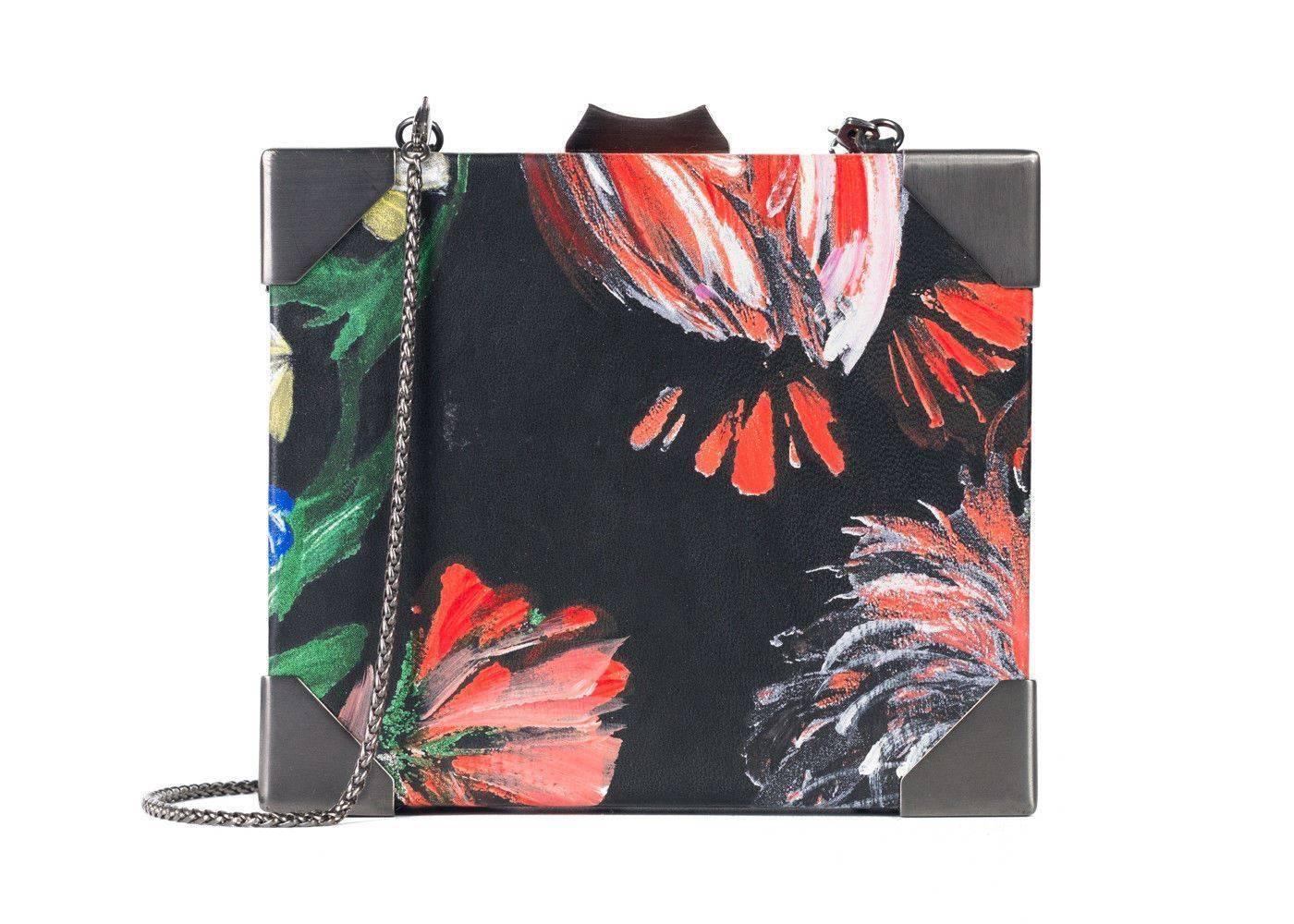 Roberto Cavalli Black Leather Push Lock Floral Print Clutch with Straps For Sale 1