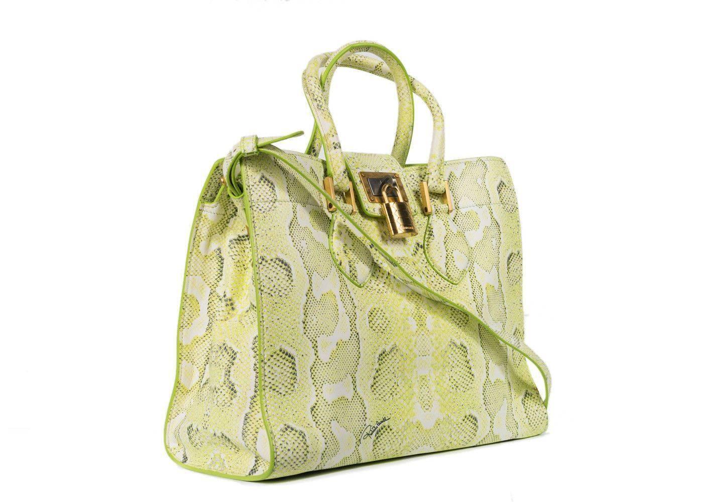 Beige Roberto Cavalli Womens Green Snakeskin Leather Medium Florence Bag For Sale