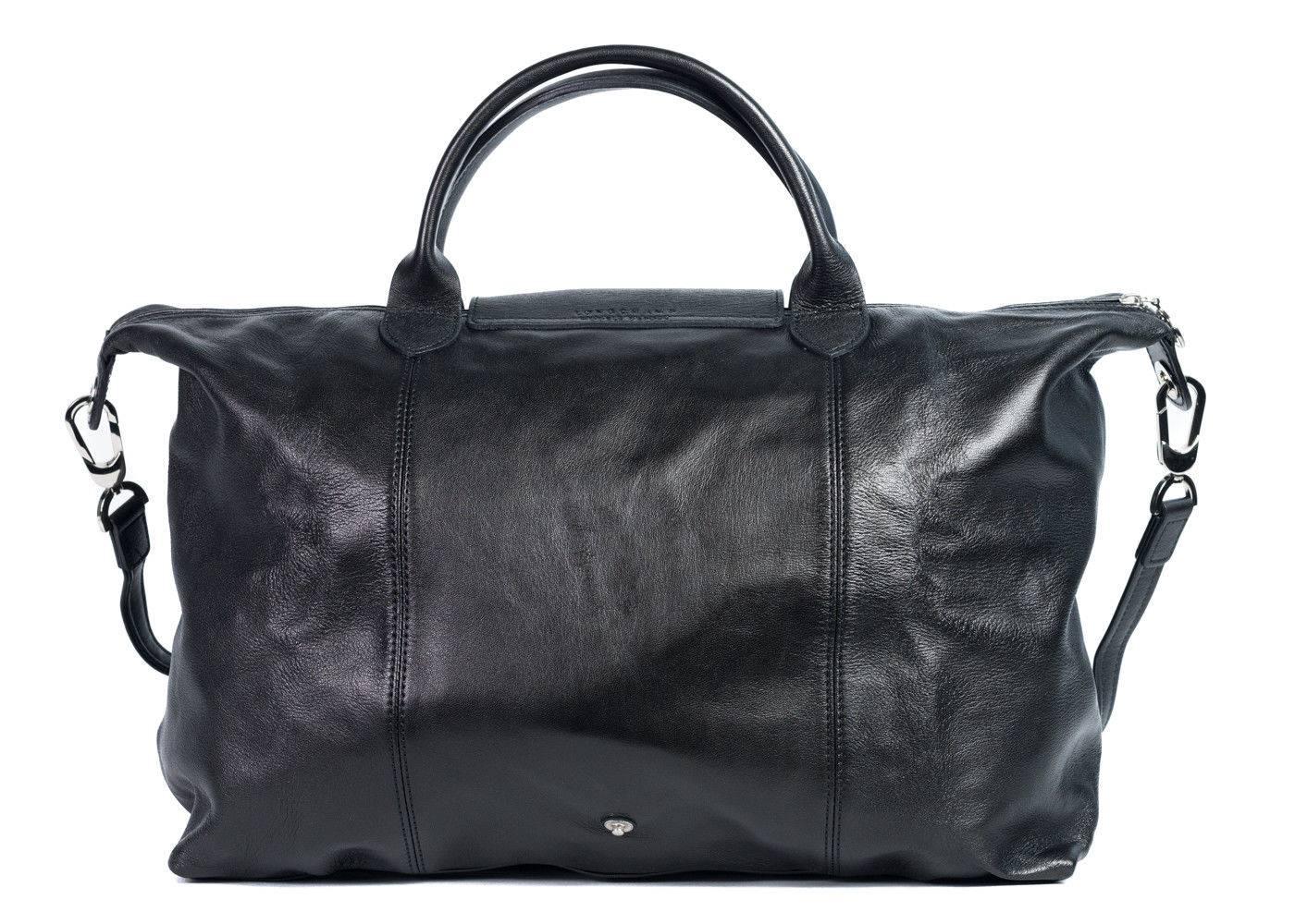 Men's Longchamp Black Leather Le Pliage Cuir Large Top Handle Bag For Sale