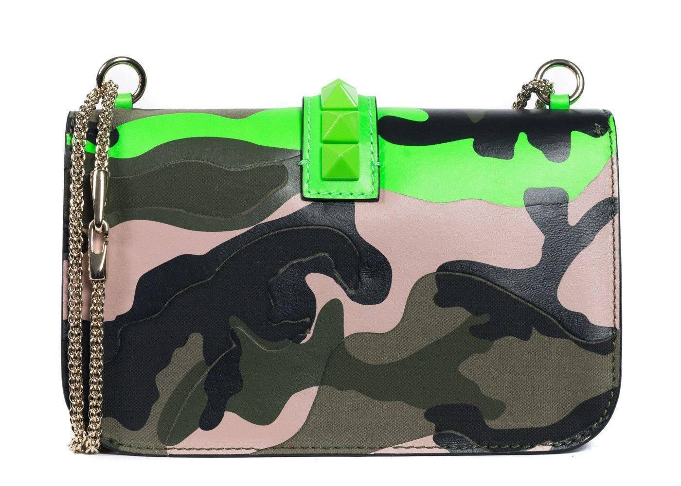 Black Valentino Women's Neon Green Camouflage Leather Rocklock Shoulder Bag For Sale