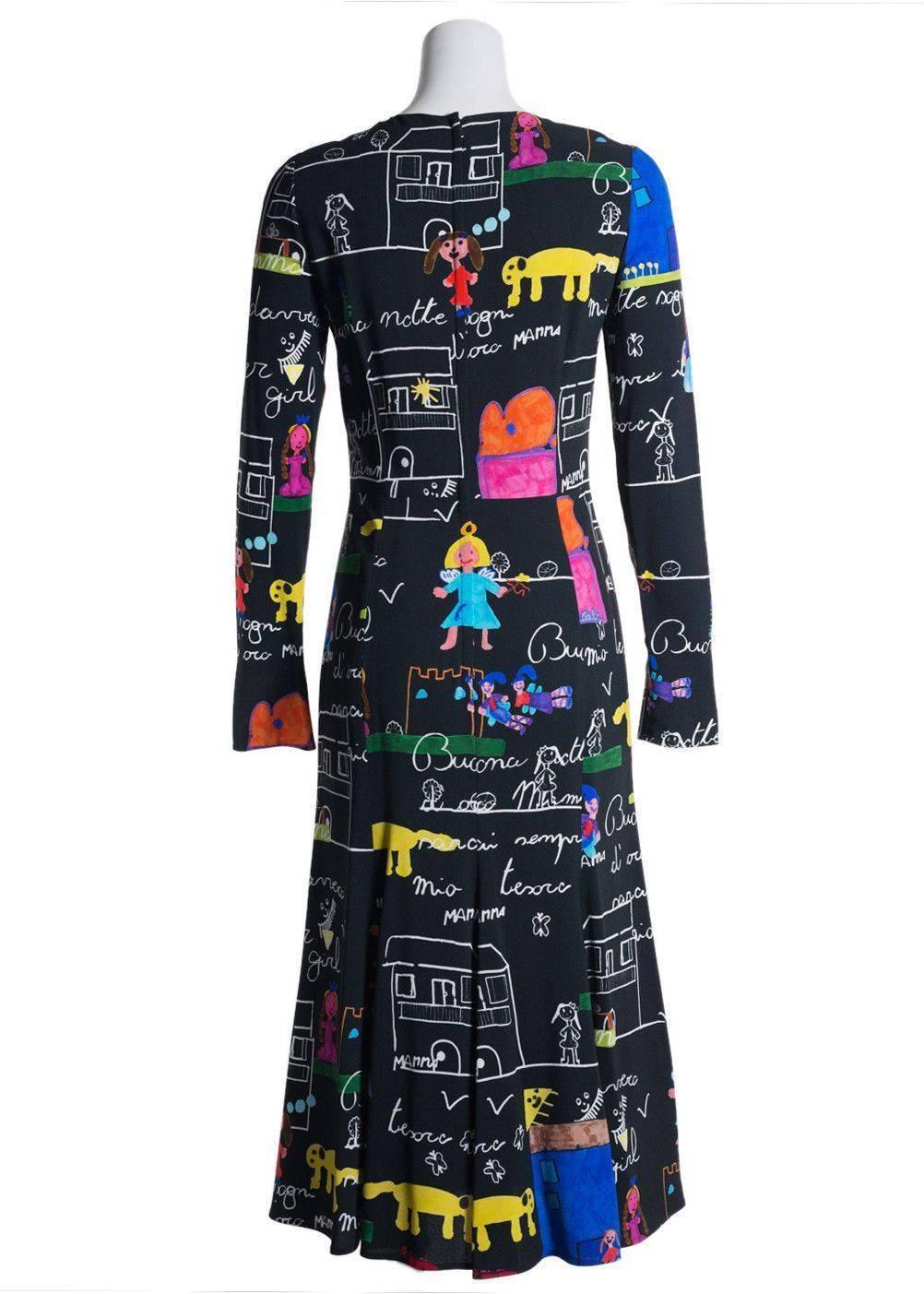 Women's Dolce&Gabbana Black Stretch Cady Drawing Print Dress