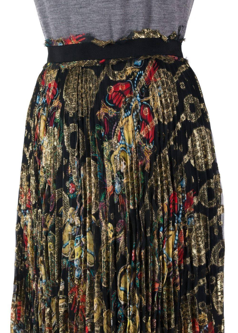 Black Roberto Cavalli Women Multi Print Pleated Silk Blend Skirt
