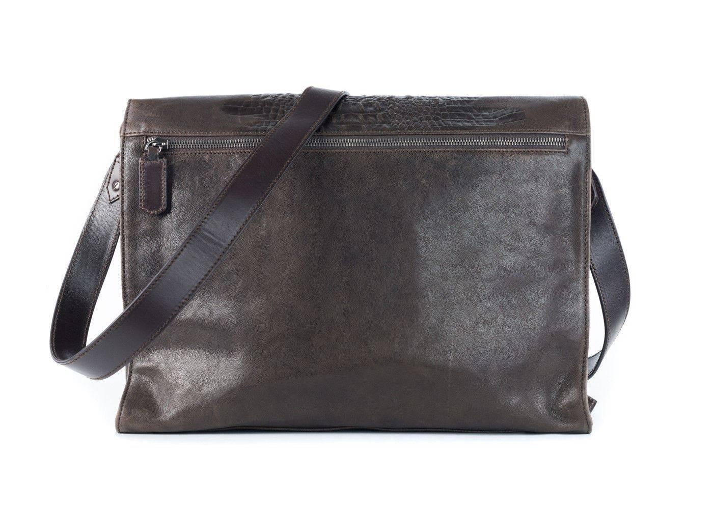 Black Roberto Cavalli Brown Texture Embossed Flap Leather Messenger Bag For Sale