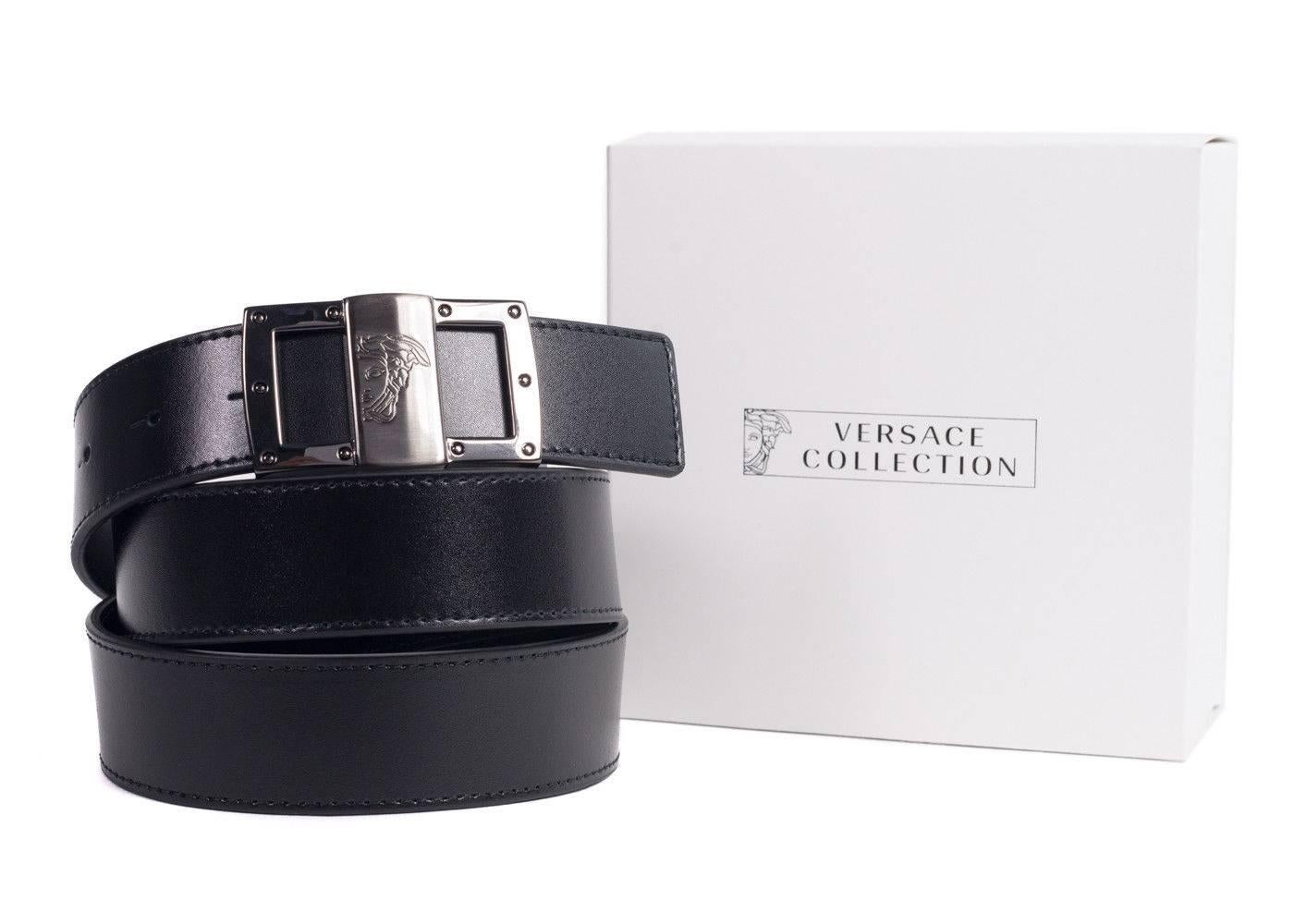 Brand New Versace Collection Belt
Original Tags
Retails in Stores & Online for $450
One Size Fits All


Versace Collection's black leather belt made with 100% calfskin leather featuring a silver plated logo with a half medusa head. Perfect to pair